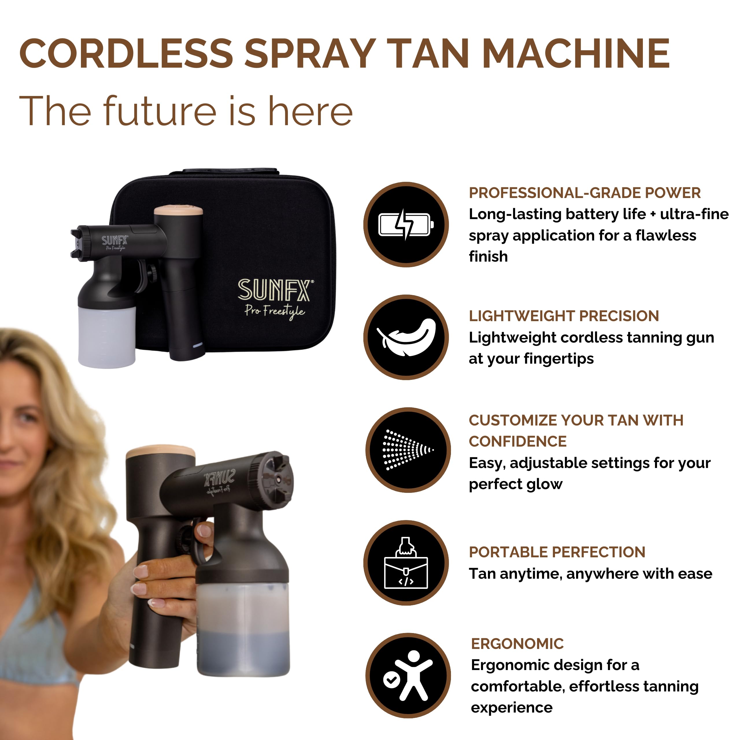 SunFX Pro Freestyle Handheld Spray Tan Gun - Portable & Rechargeable Airbrush Tanning Machine with Carry Case (Latte) | Perfect for Home Use, Salon Professionals & Mobile Spray Tan Services