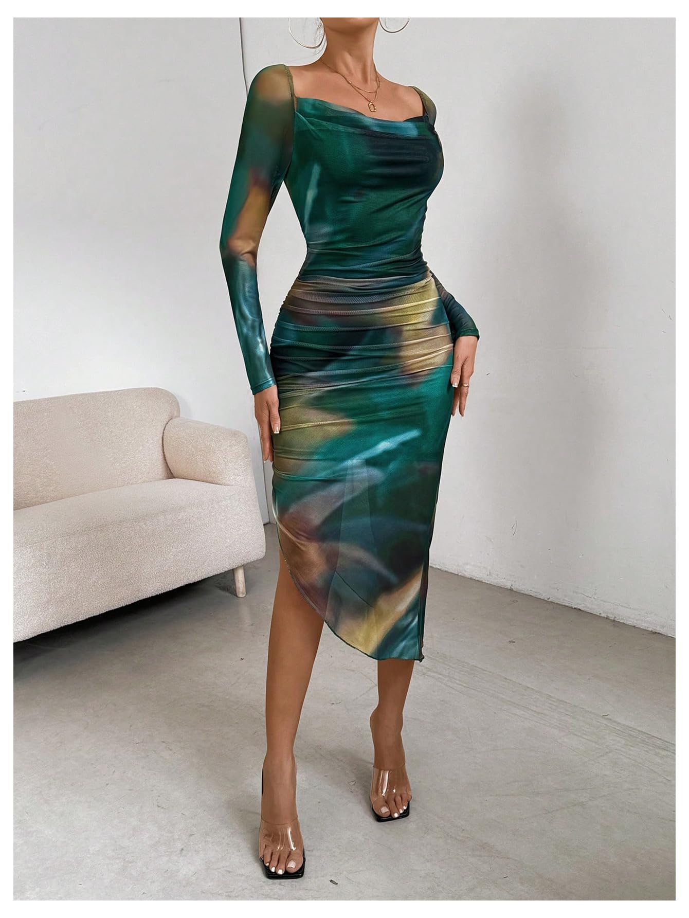 Floerns Women's Tie Dye Long Sleeve Cowl Neck Ruched Bodycon Midi Dress for Cocktail Party, Date Night & Special Occasions
