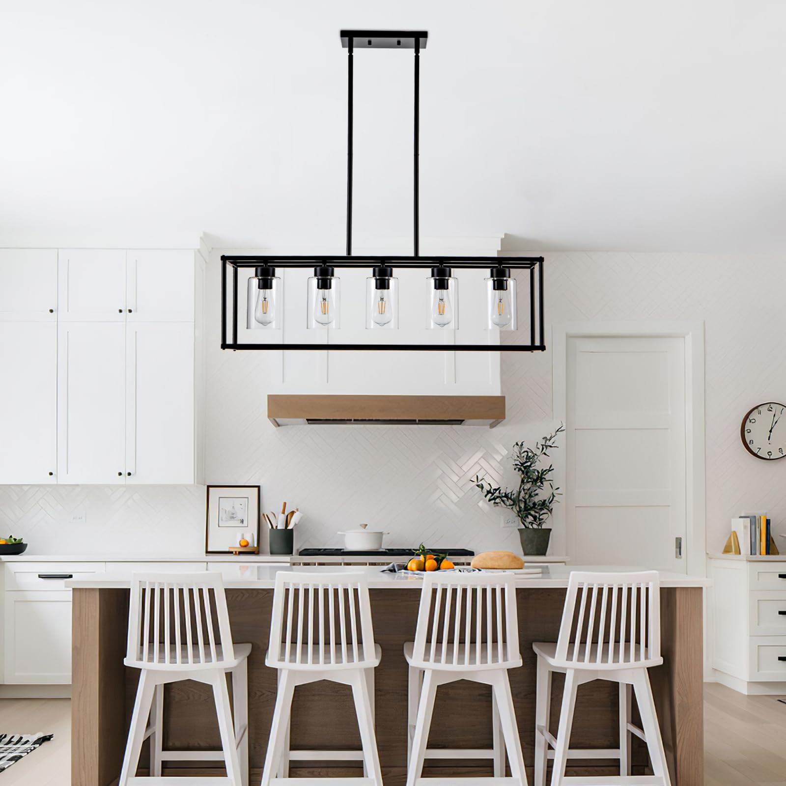 5-Light Matte Black Farmhouse Chandelier - Adjustable Height Rectangular Pendant Lighting for Dining Room, Kitchen & Living Room | Modern Industrial Hanging Light Fixture for Farmhouse, Restaurant & Home Decor
