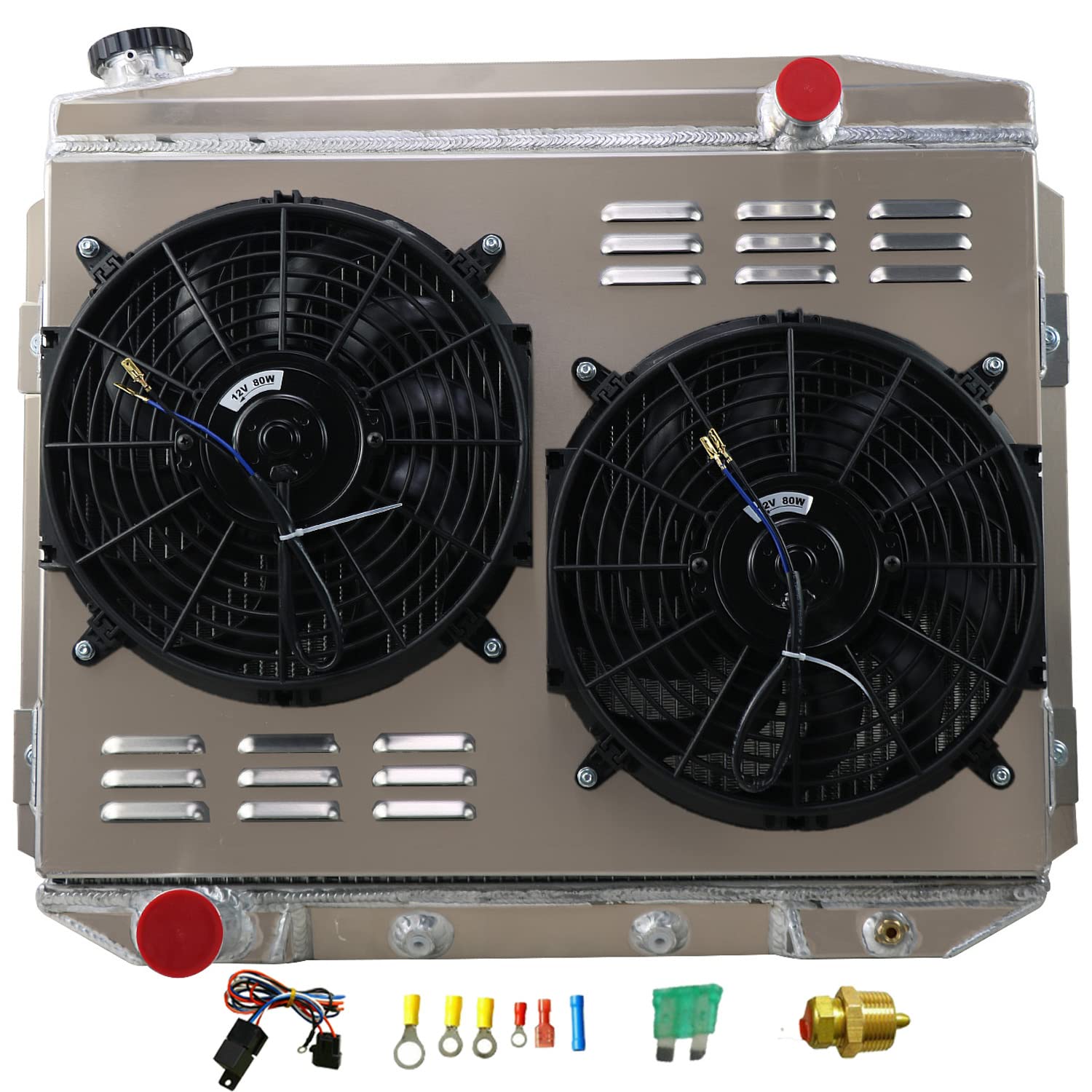 1957-1959 Ford Fairlane Galaxie Ranchero & Mercury Montclair Monterey Park Lane V8 Aluminum Radiator - 4 Row Core with Shroud & Fan Relay | High-Performance Cooling for Classic Cars