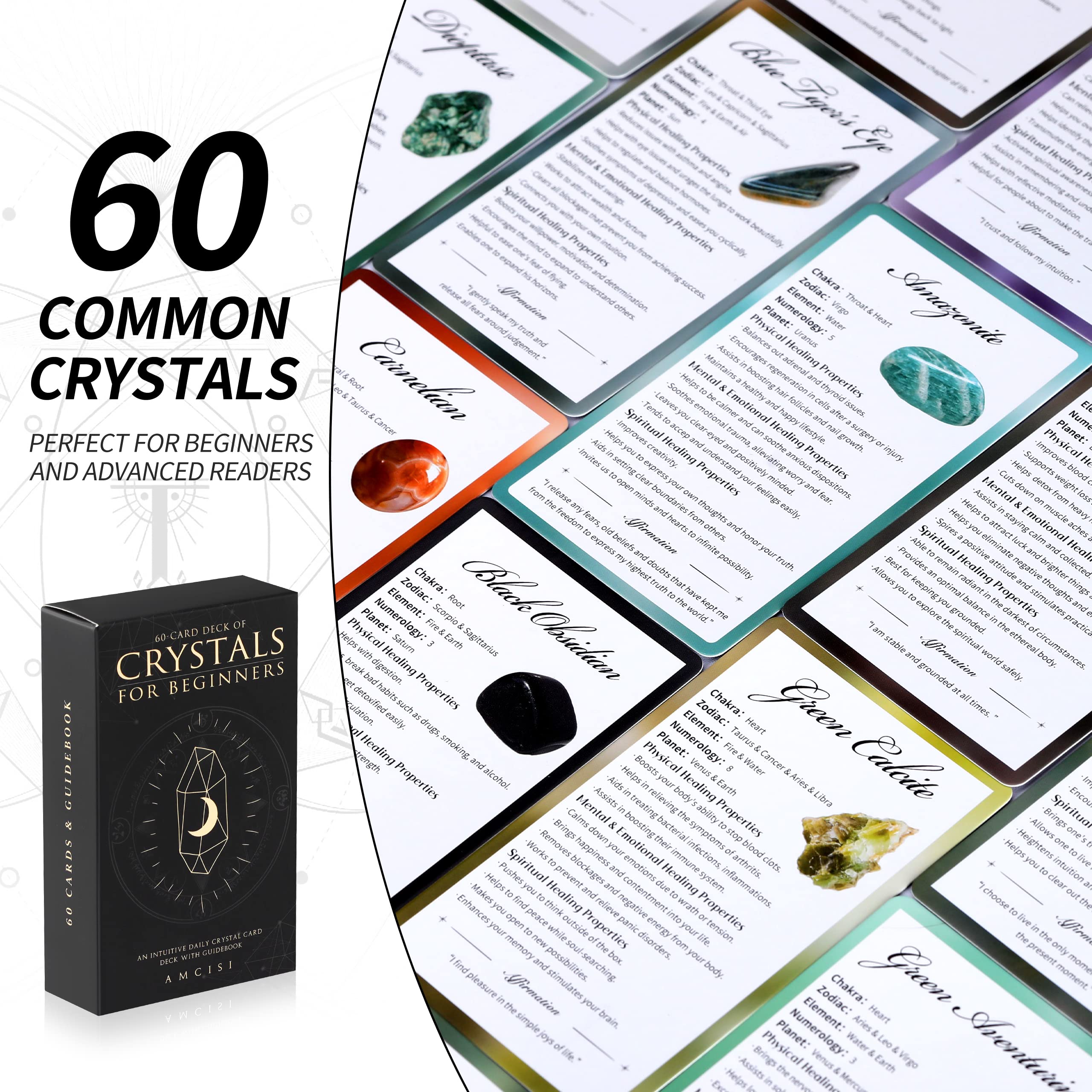 Healing Crystals Oracle Cards Deck - 60 Crystal & Stone Cards with Meanings, Guidebook for Beginners | Meditation, Spiritual Growth & Energy Work Gift Set
