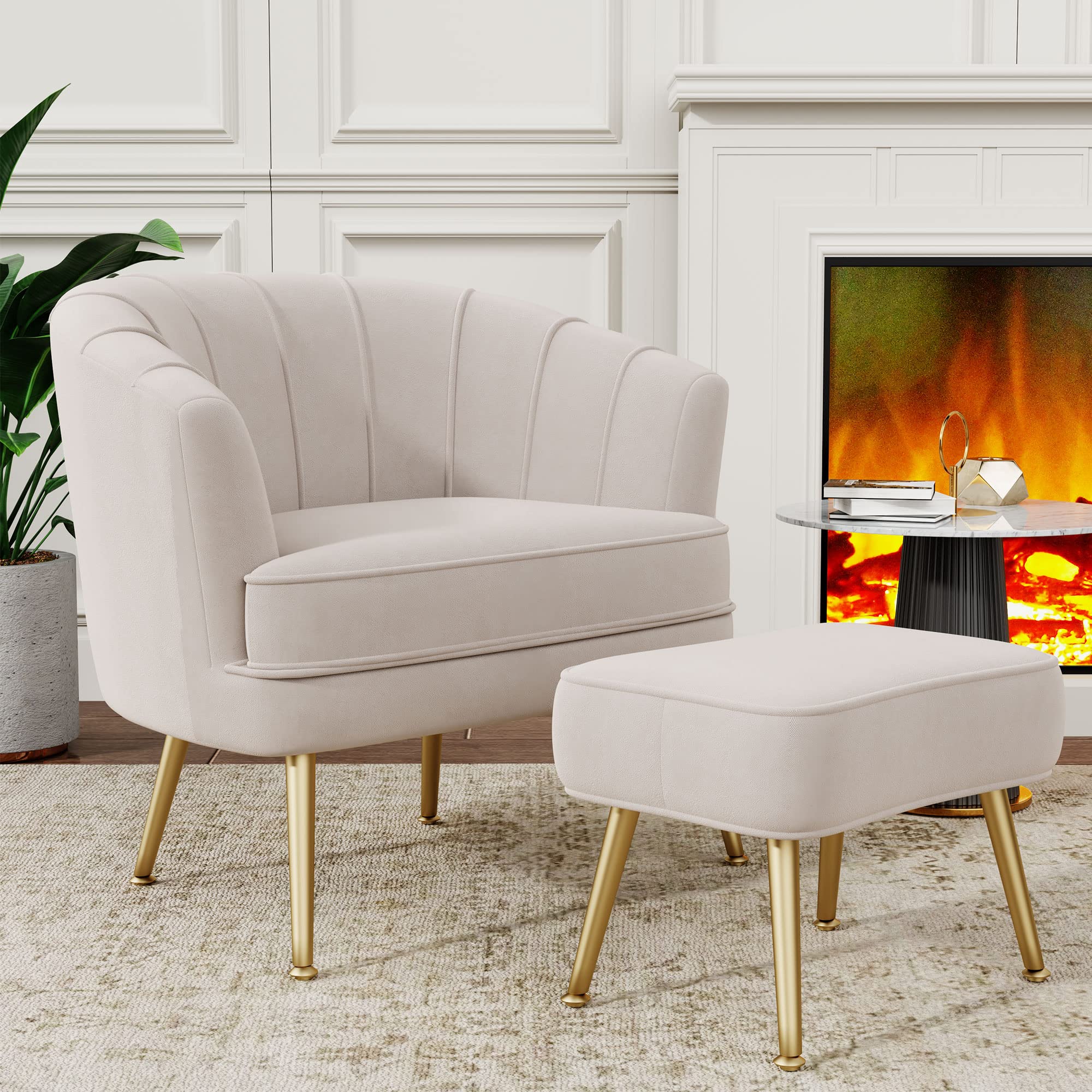 Andeworld Velvet Accent Chair with Ottoman - Modern Upholstered Barrel Club Armchair with Golden Metal Legs, Comfortable Living Room Side Chair for Bedroom, Office, Reading Nook - Beige Velvet Sofa | Perfect for Small Spaces, Lounge Areas & Home Decor