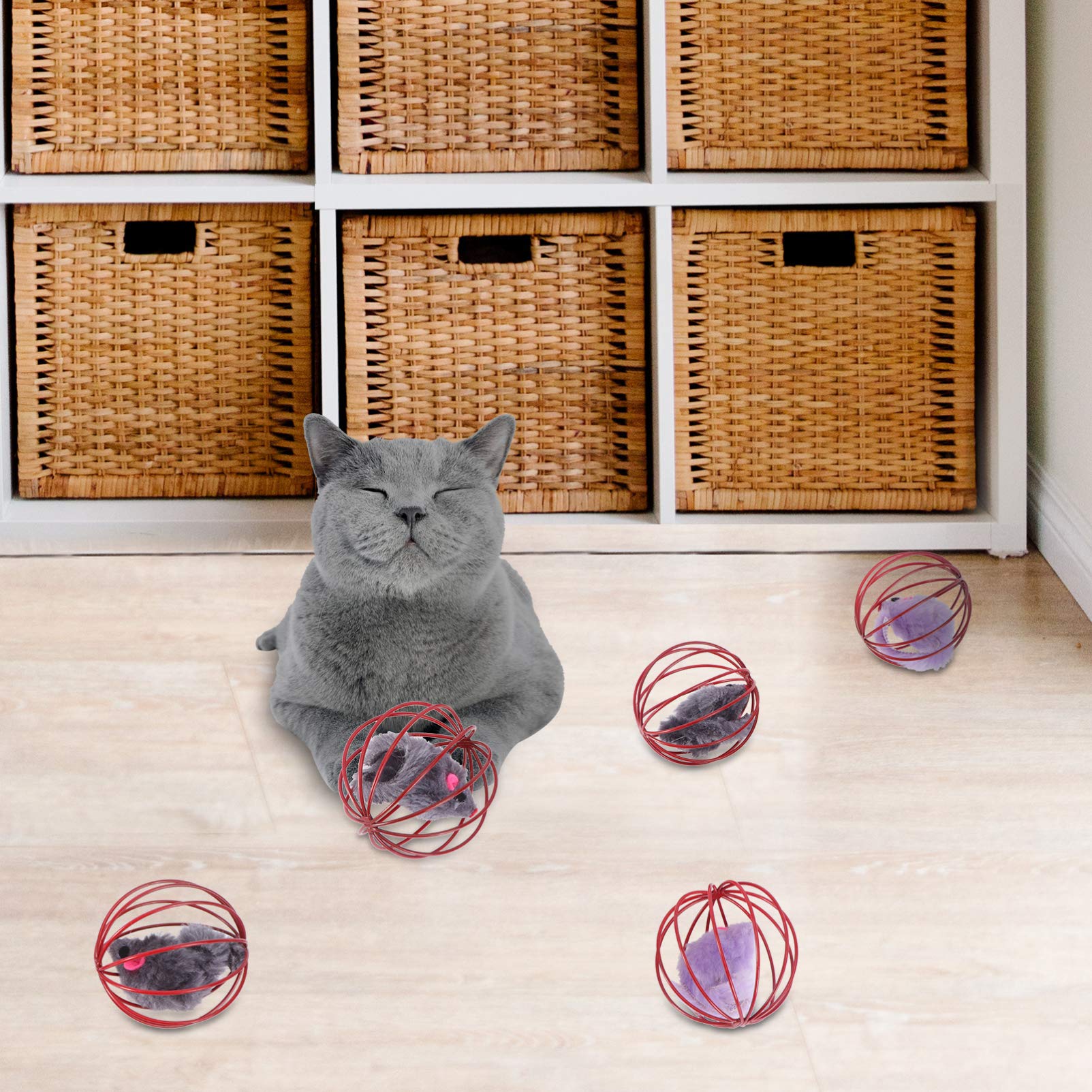 POPETPOP 5-Piece Caged Mouse Cat Toy Set - Interactive Cat Play Balls with Cage for Kittens & Adult Cats - Fun Teaser Toy for Indoor Play, Exercise & Mental Stimulation