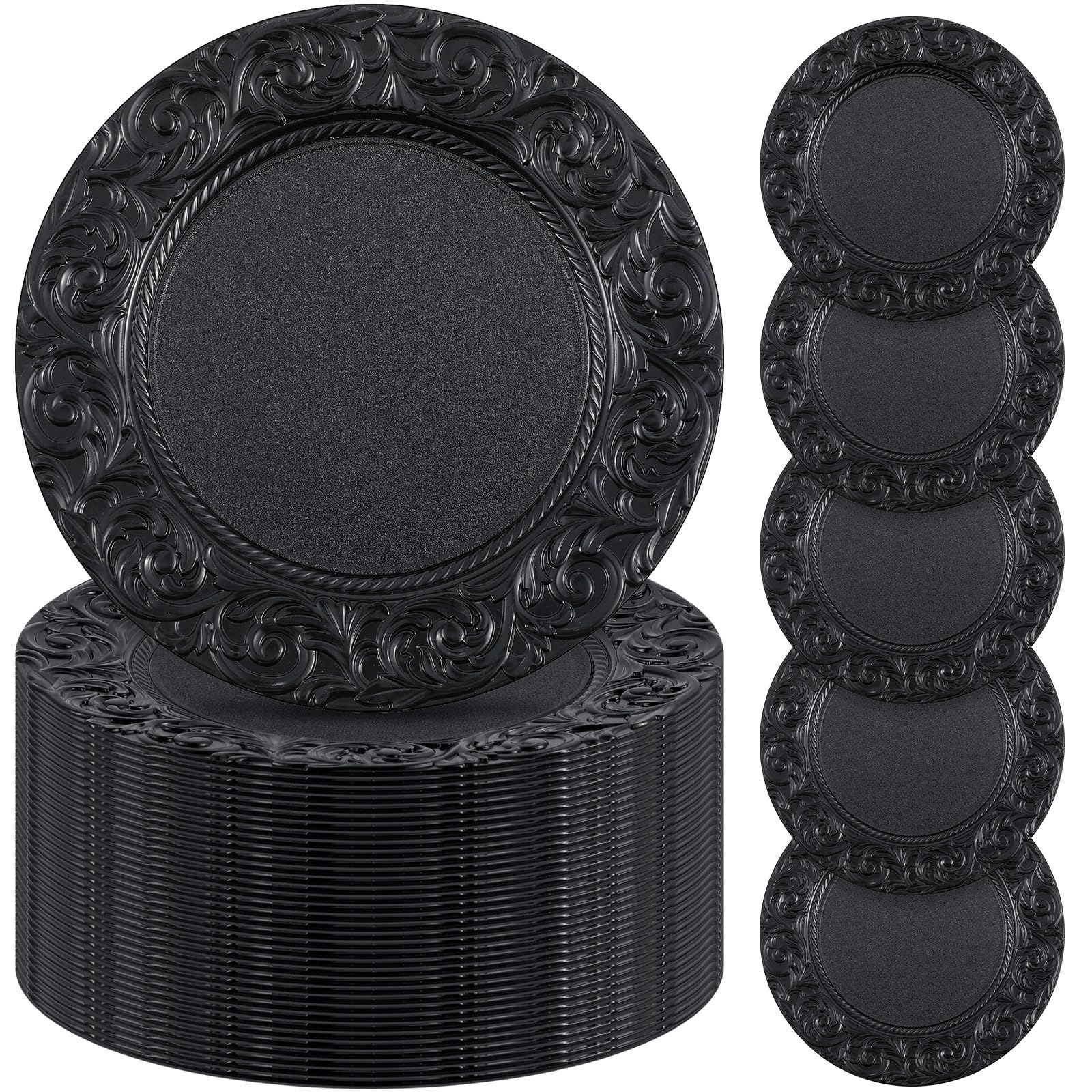 50 Pcs Antique Black Charger Plates - 13 Inch Embossed Rim Plastic Decorative Round Plates for Wedding, Dinner Party & Special Events - Elegant Table Setting Decorations for Formal Dining, Buffets and Holiday Celebrations