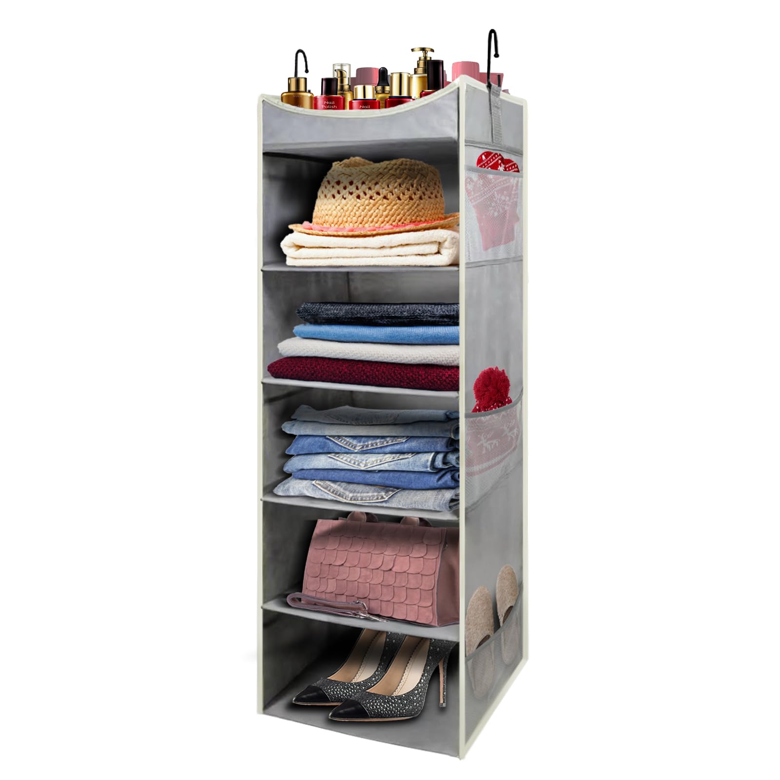 6-Tier Foldable Hanging Closet Organizer with 6 Side Pockets - Space Saving Storage for Clothes, Shoes, Hats & Toys (Grey) - Perfect for Bedroom, Closet & Dorm Organization