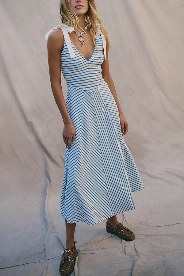 Elegant Striped Print V-Neck Lace-Up Backless Midi Dress for Women | Summer Beach Holiday Party & Date Night Outfit
