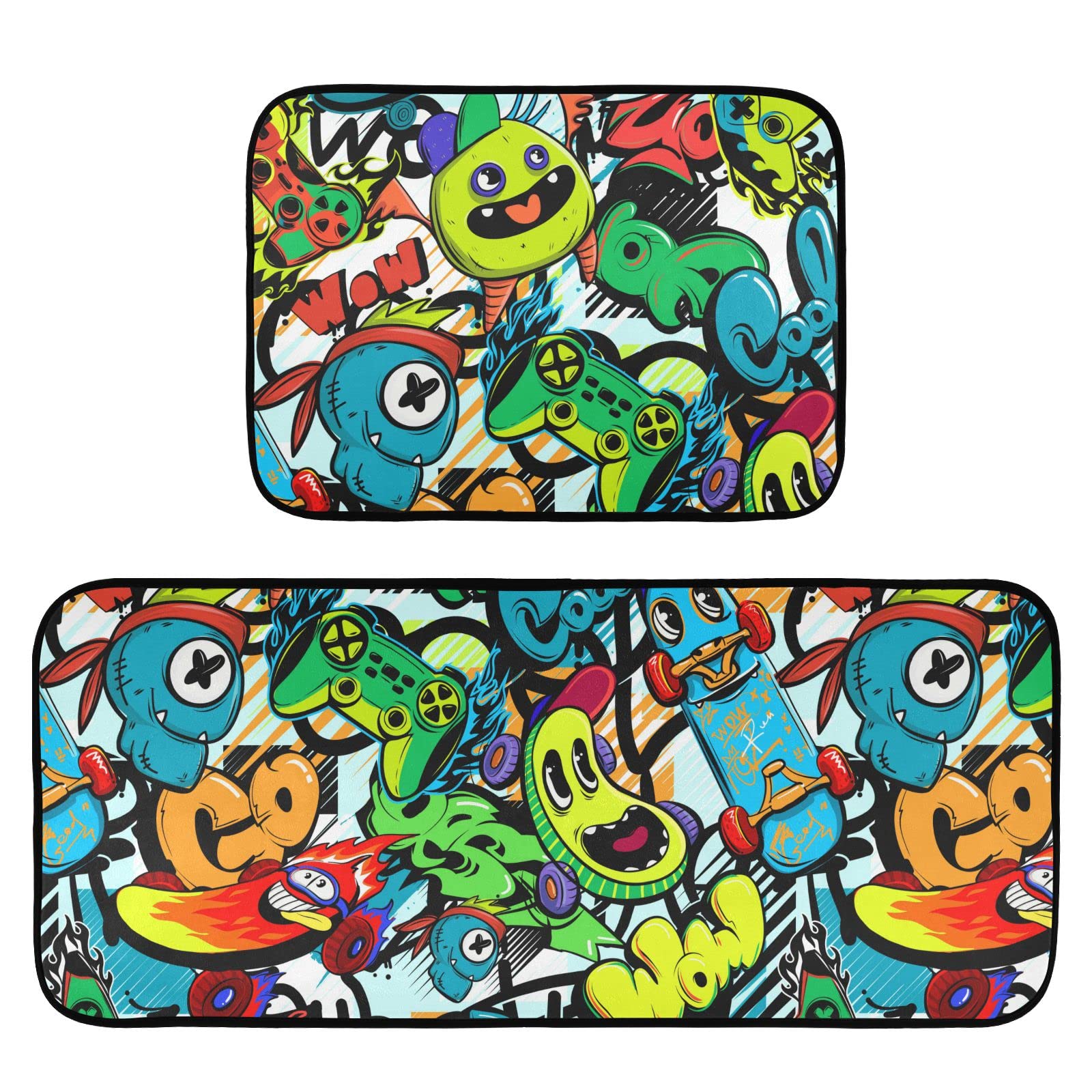 Anti-Fatigue Kitchen Rug Set of 2 - Non-Slip Washable Cushioned Foam Mats for Standing Comfort | Graffiti Gamepad Design | Perfect for Kitchen, Office, Laundry & Home Decor