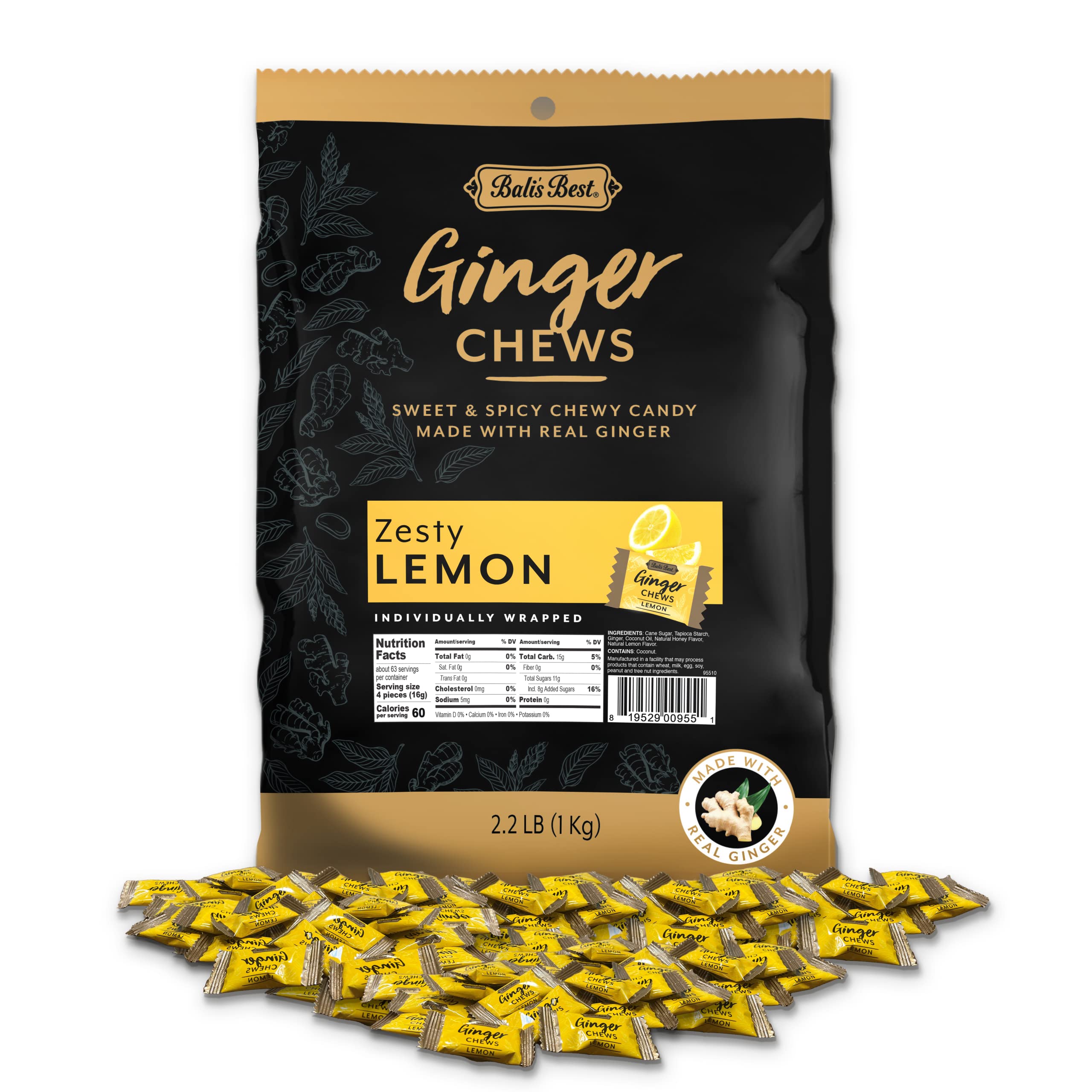 Bali's Best Ginger Chews - Zesty Lemon Flavor (2.2 LB Bulk Bag) | Sweet & Spicy Chewy Candies | Natural Ginger Candy for Digestion & Nausea Relief | Perfect for Office Snacks, Travel & Gift Baskets