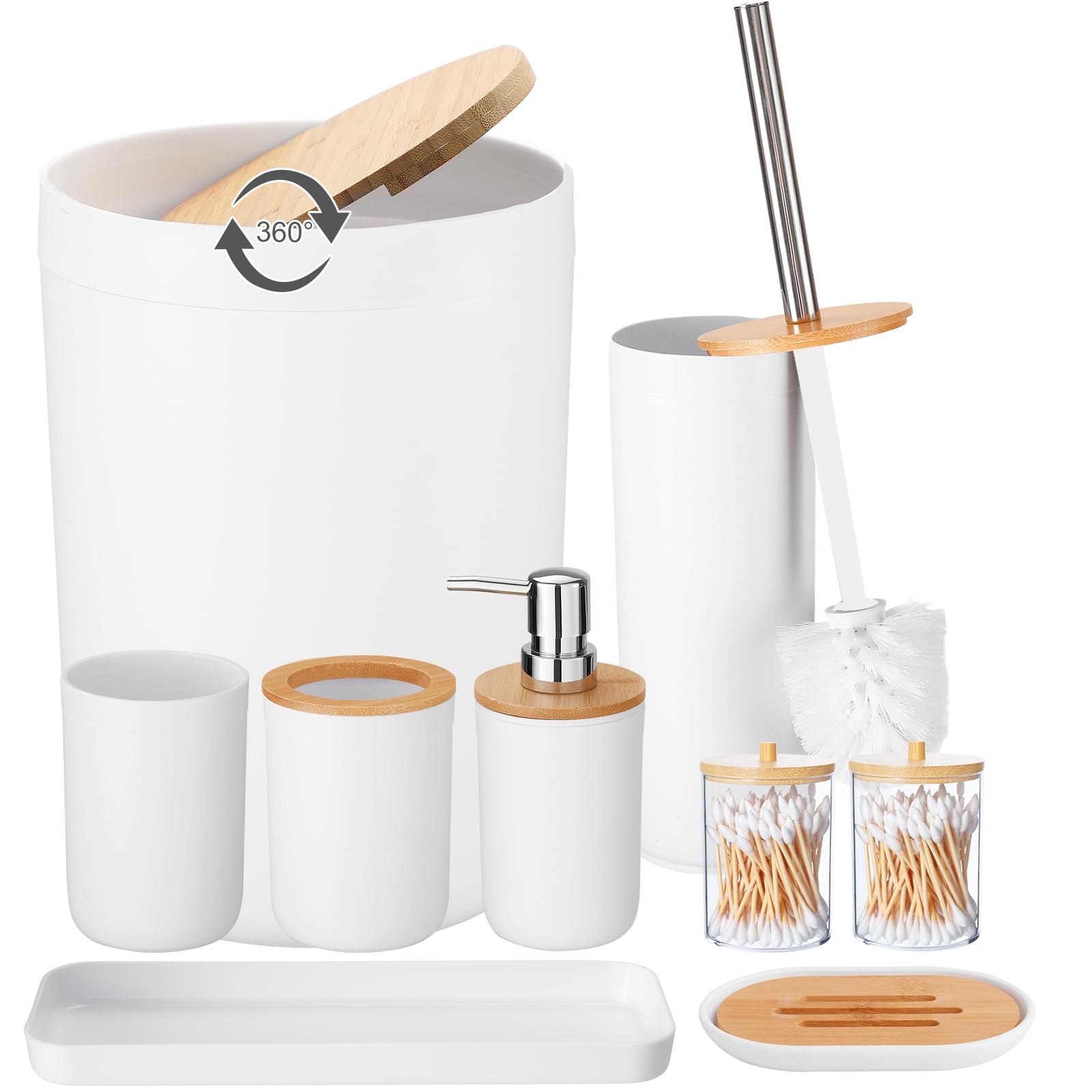 Premium 8-Piece Bathroom Accessories Set - Wooden Trash Can, Toilet Brush, Toothbrush Holder, Soap Dispenser, Soap Dish, Toothbrush Cup & Q-Tip Holder (White Wood Cover) - Perfect for Modern Bathrooms, Guest Suites & Spa-Style Decor