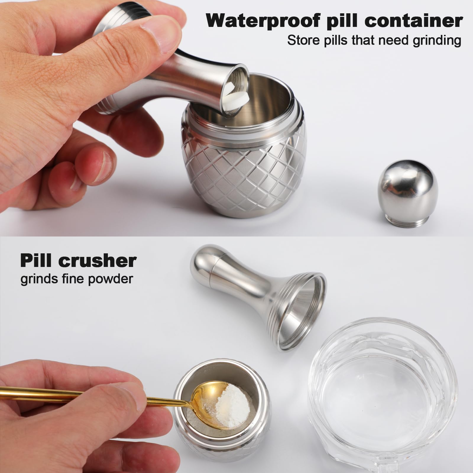 Premium Stainless Steel Mortar and Pestle Set - Spice Grinder, Pill Crusher & Herb Mill for Fine Powder - Durable Hand Tool with Waterproof Pill Container - Perfect for Kitchen, Pharmacy & DIY Herbal Remedies