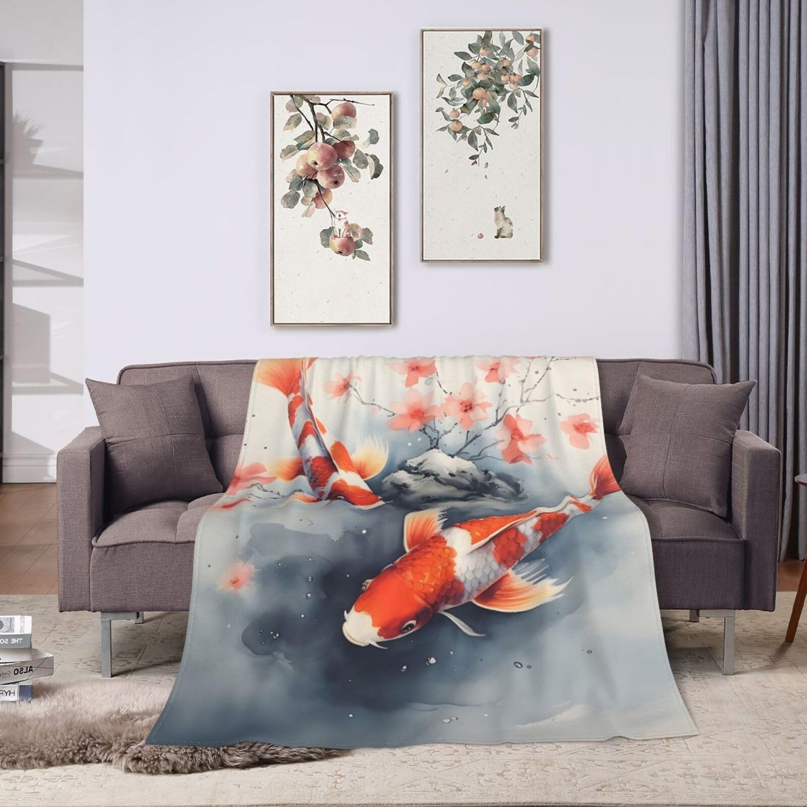 Soft Fluffy Koi Fish Fleece Throw Blanket 50x40 Inches - Lightweight Cozy Blanket for Couch, Sofa, Bed, Travel - Perfect for Indoor, Outdoor, Camping & Gift Giving