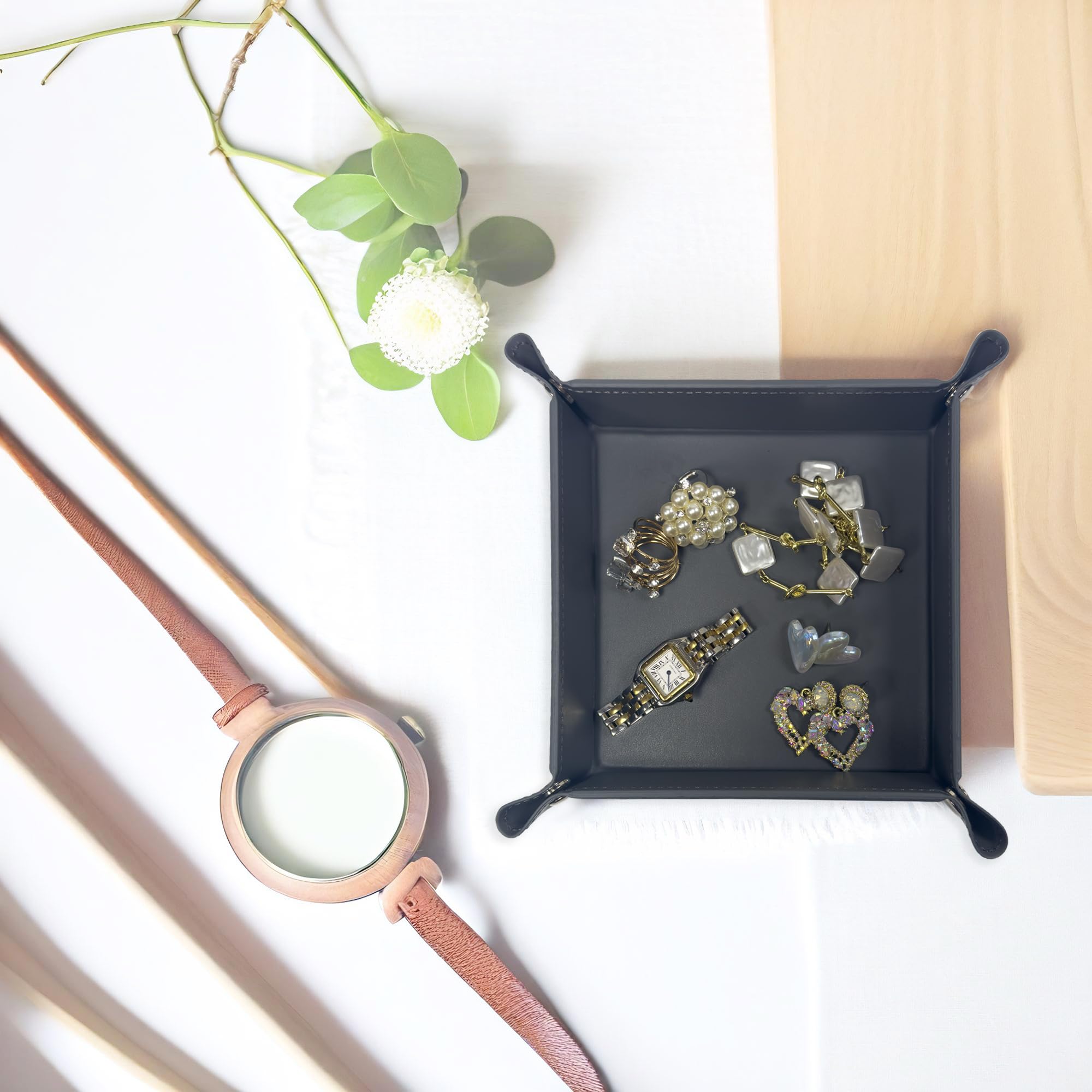 UnionBasic Small Valet Tray - Jewelry Organizer for Rings, Watches & Earrings - Entryway Catchall for Keys, Coins & Change - Nightstand Bedside Organizer - Electronic Gadgets Tray - Elegant Grey - Perfect for Home, Office & Travel Organization