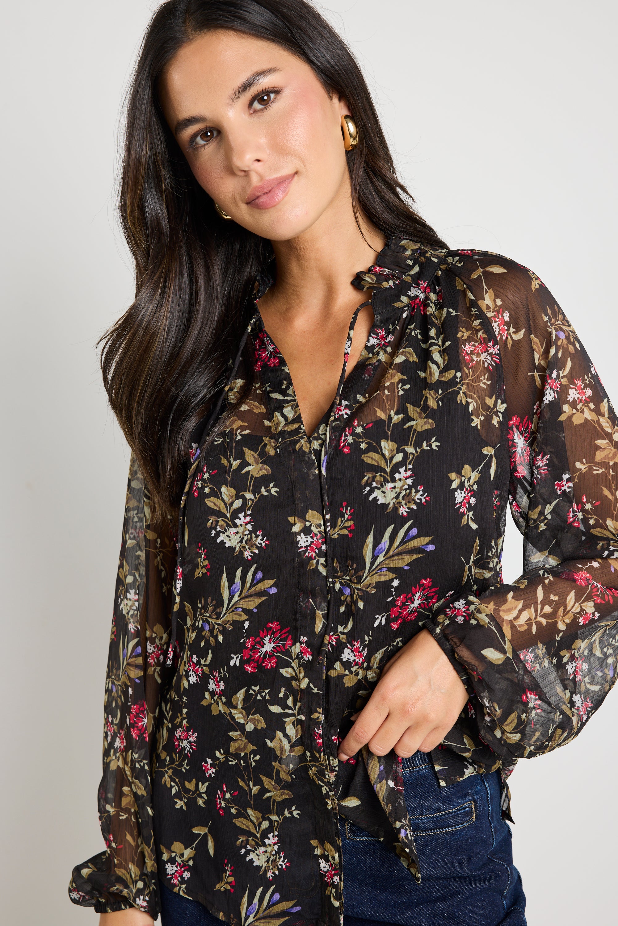 Elegant Black Floral Sheer Long Sleeve Blouse for Women - Perfect for Office Wear, Date Nights & Special Occasions