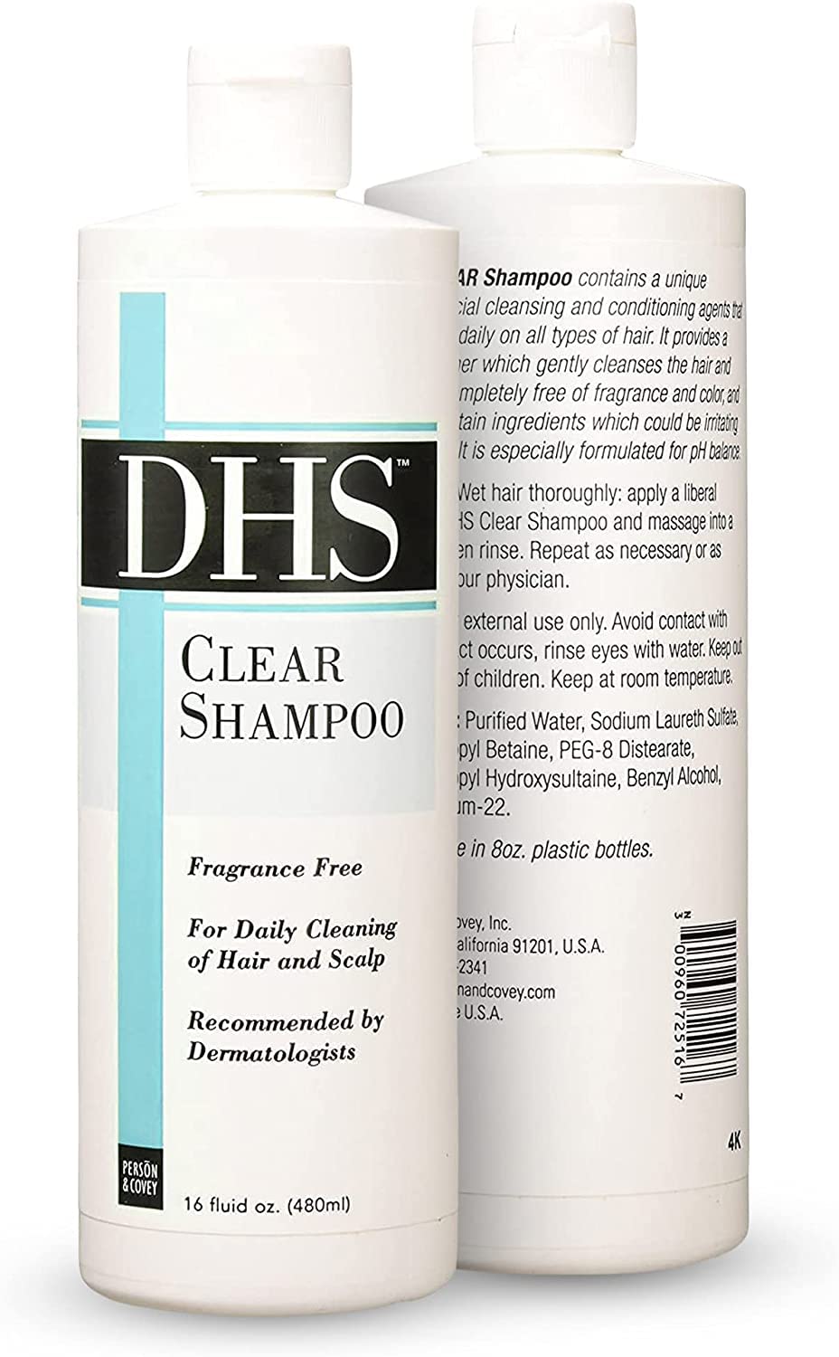 DHS Clear Fragrance-Free Shampoo for Sensitive Scalp - 16 oz (5-Pack) | Gentle Daily Cleansing for All Hair Types - Home & Travel Use