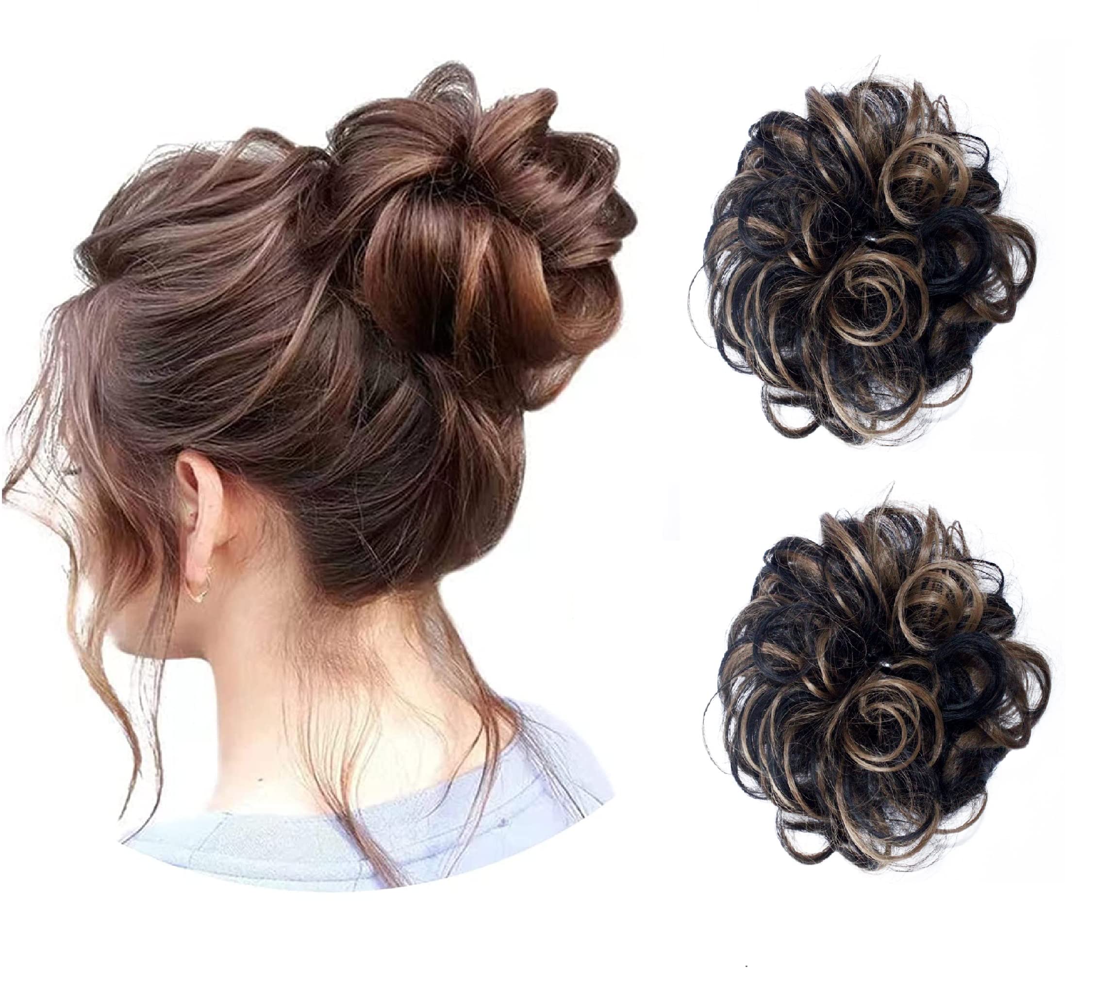Messy Bun Hair Extension Scrunchie - 2-Pack Synthetic Hair Bun for Women & Girls with Golden Highlights | Perfect for Parties, Weddings & Everyday Styling