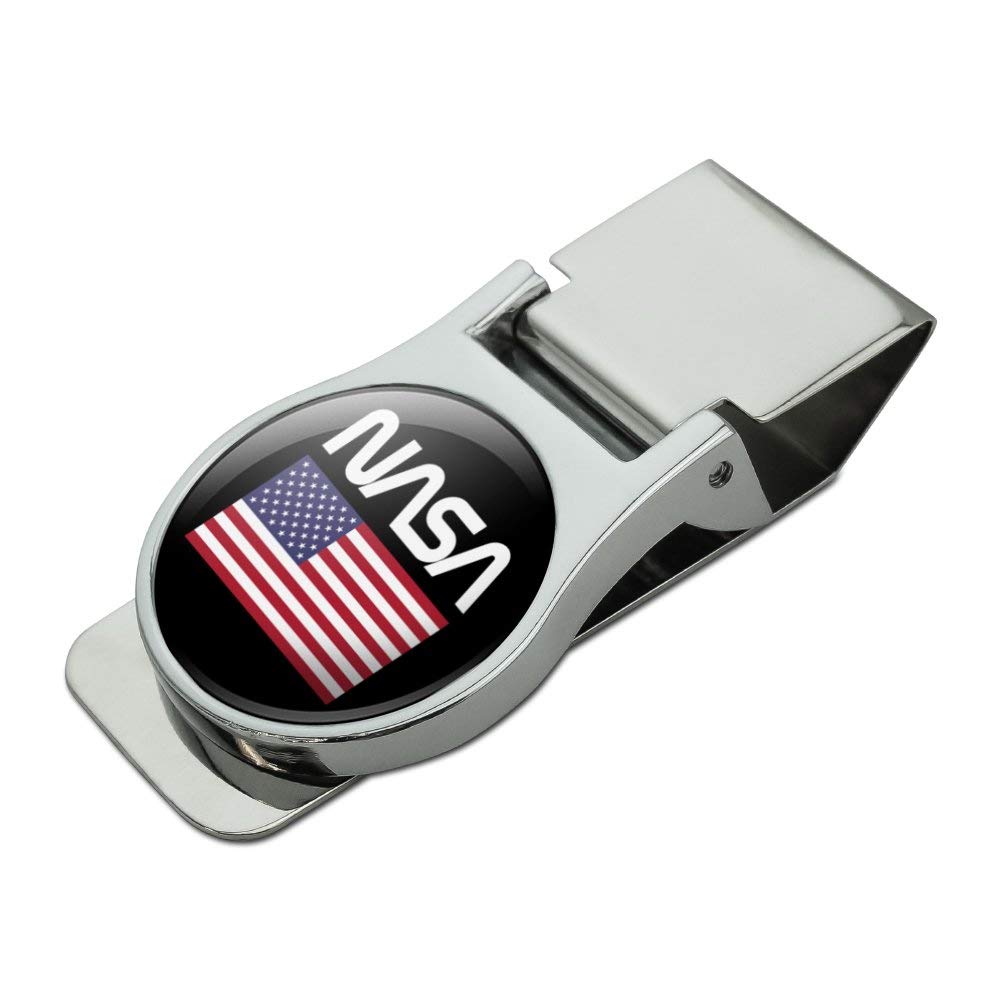 NASA Official Worm Logo USA Flag Money Clip - Chrome Plated Metal Satin Finish for Cash & Cards | Perfect Gift for Space Enthusiasts & Collectors | Everyday Carry, Travel & Business Use