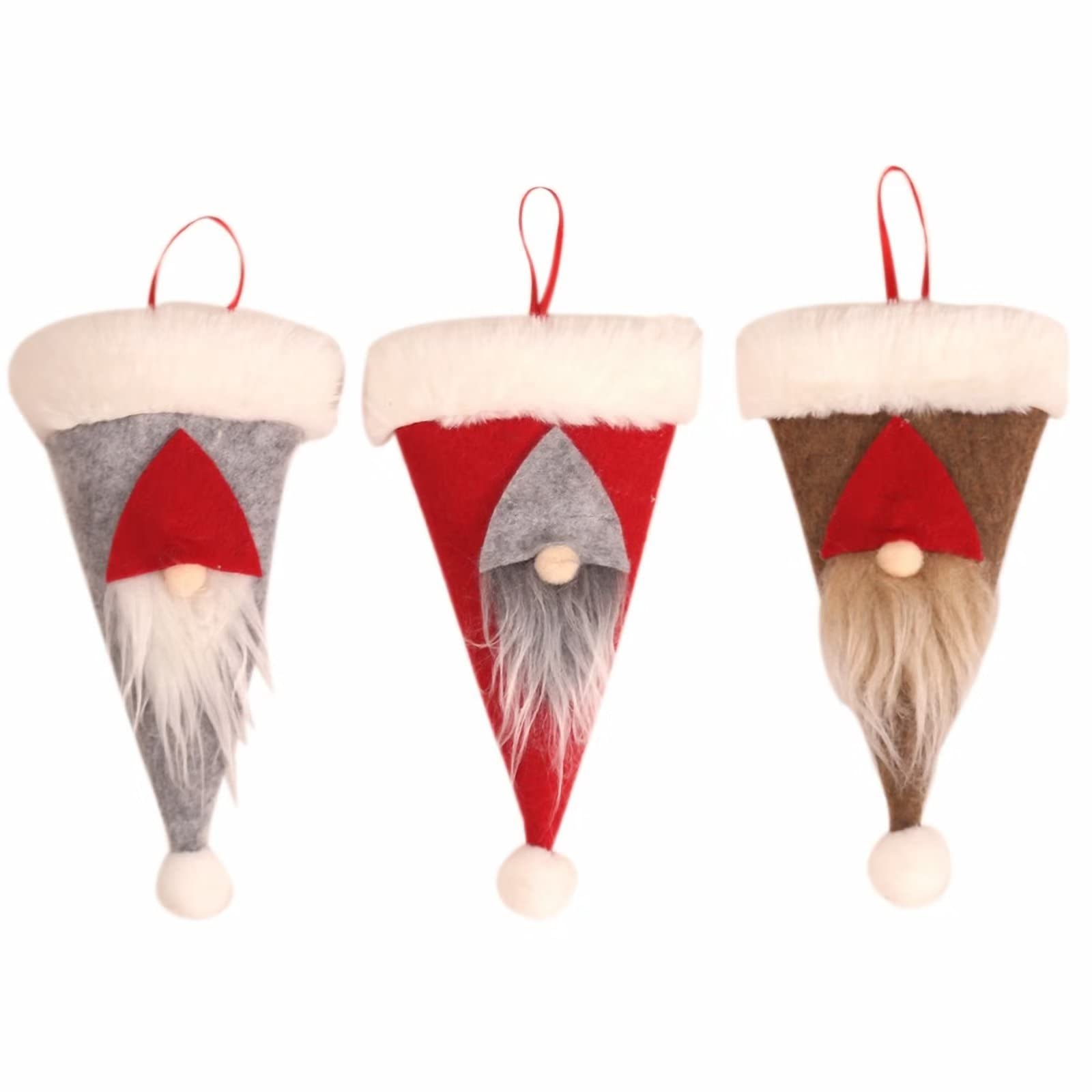 3-Piece Christmas Silverware Cutlery Pouch Set - Knives & Forks Storage Bag with Plush Velvet Gnome Design & Faux Fur Beard - Red & Grey Tableware Covers for Xmas Dinner Party Decorations, Holiday Table Setting & Festive Home Decor