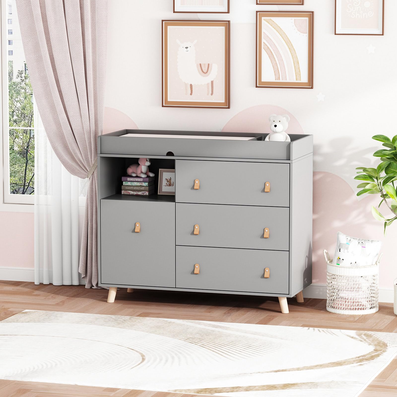 2-in-1 Baby Changing Table Dresser with Drawers & Shelf - Nursery Storage Organizer with Hidden Trash Bin - Grey Infant Diaper Changing Station for Daycare, Bedroom & Nursery Organization - Perfect for Baby Essentials Storage & Quick Diaper Changes
