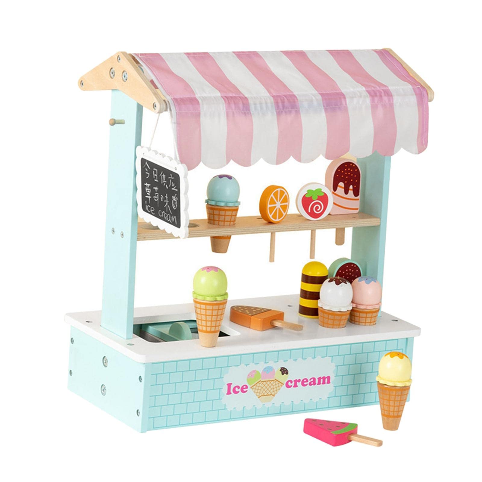 AMLESO Wooden Ice Cream Pretend Play Toys for Kids - Pretend Play Ice Cream Shop Set, Dollhouse Miniature Playhouse for Toddlers, Girls & Boys - Perfect for Birthday Parties, Preschool Learning & Role Play Games