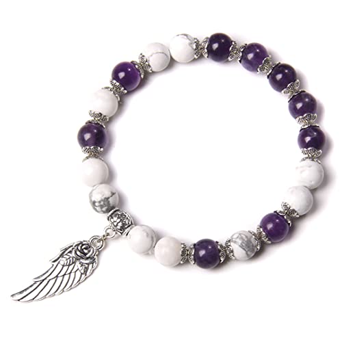 Handmade Women's Stretch Bracelet with Natural Crystal Beads & Feather Charm - Adjustable 23cm Purple Boho Jewelry for Everyday Wear, Gift Giving & Festival Fashion