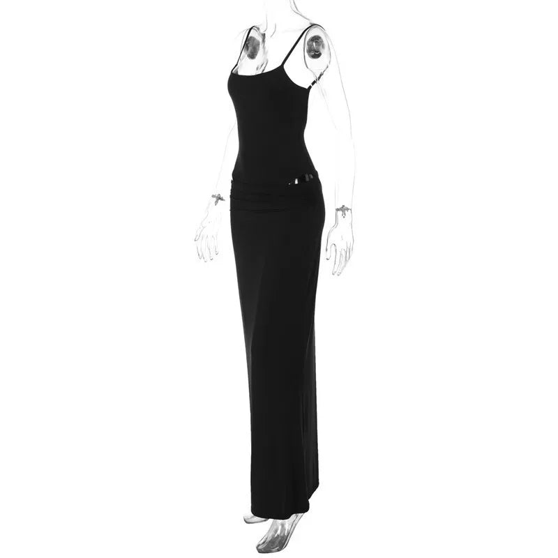Black Sexy Dress Set for Women - Spaghetti Strap Bodysuit & Maxi Skirt Matching Outfit | Backless Slim Fit Long Skirt Set | Perfect for Date Night, Parties & Special Occasions