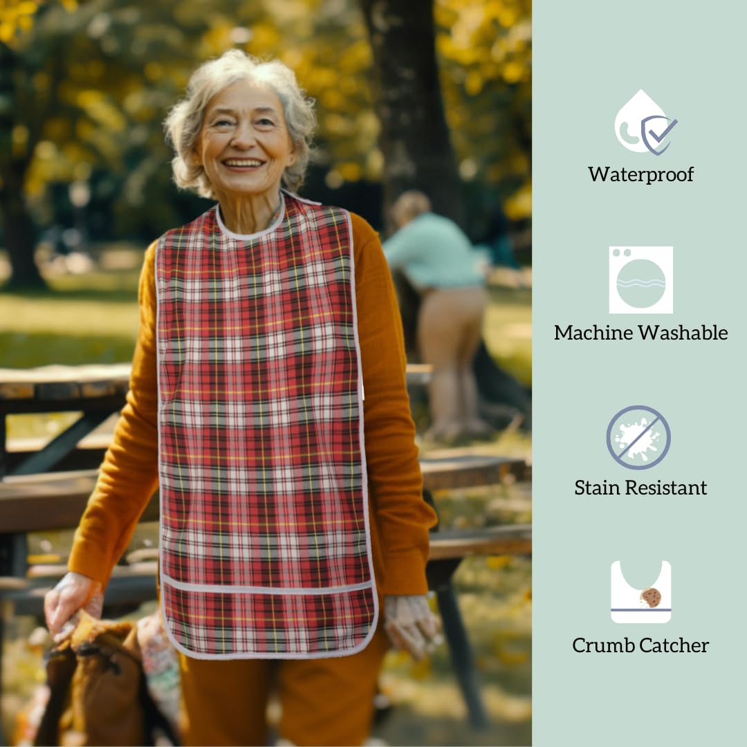 Modaliv Adult Bib for Eating - Waterproof Clothes Protector with Crumb Catcher Pocket - Reusable Bibs for Elderly, Disabled Men & Women - Ideal for Mealtime, Dining Out & Assisted Living Care
