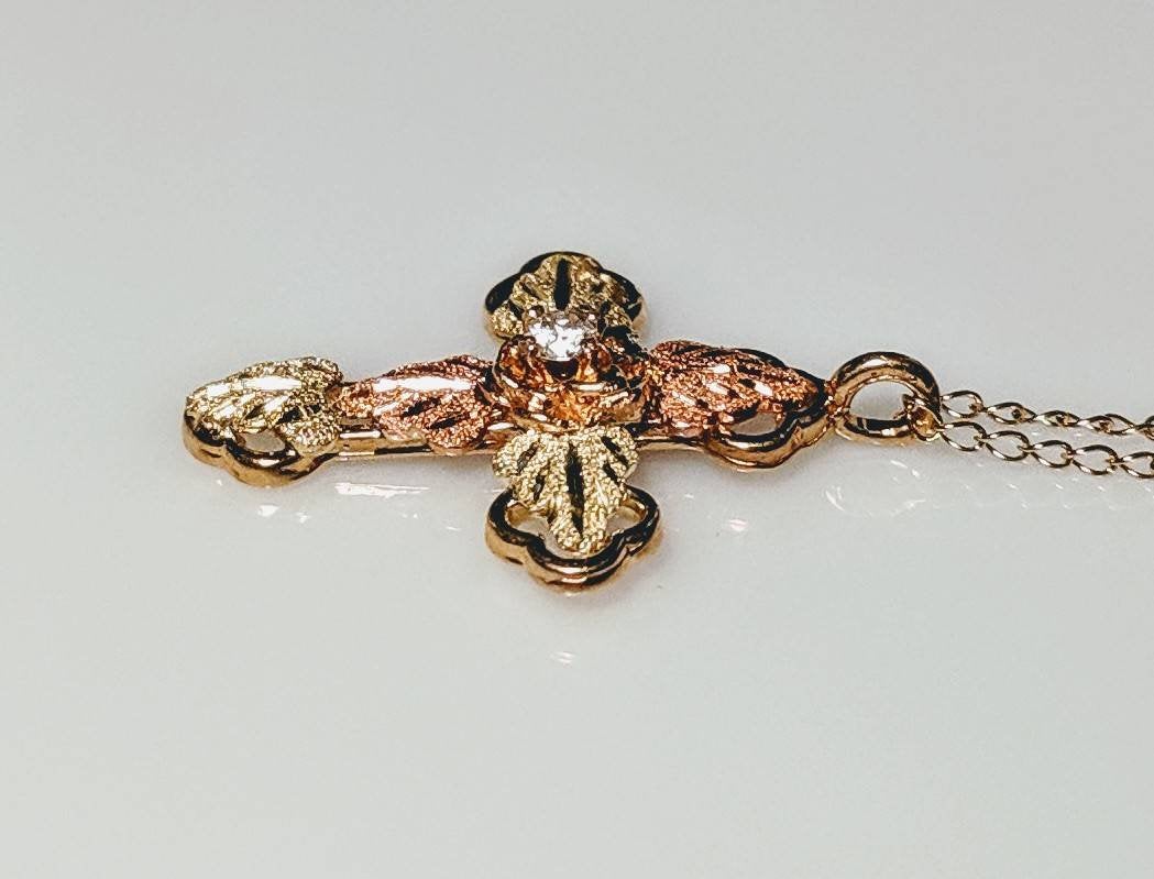 10kt Solid Gold Three-Tone Five-Leaf Cross Pendant with Natural Diamond Accent & Red/Green Enamel Leaves - Includes 18