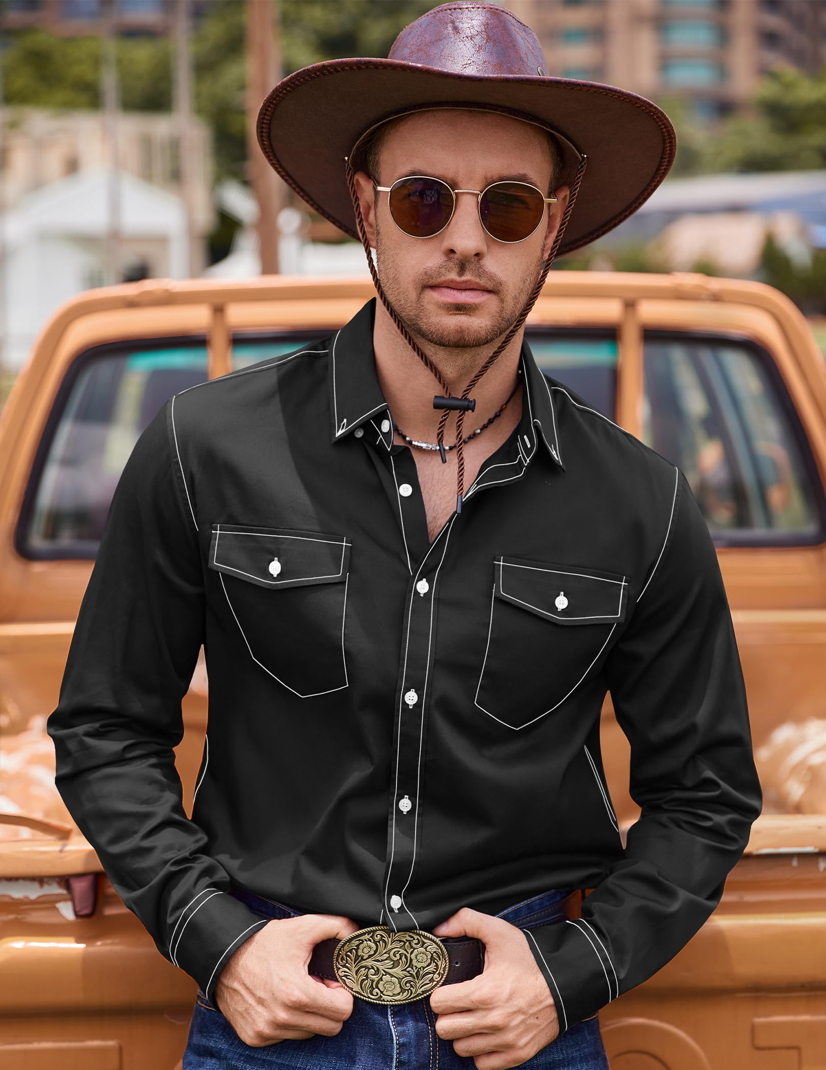 COOFANDY Men's Western Cowboy Shirts - 100% Cotton Long Sleeve Button Down Shirt with Two Front Pockets & Embroidered Design | Perfect for Rodeo, Country Music Festivals & Western Style Outfits