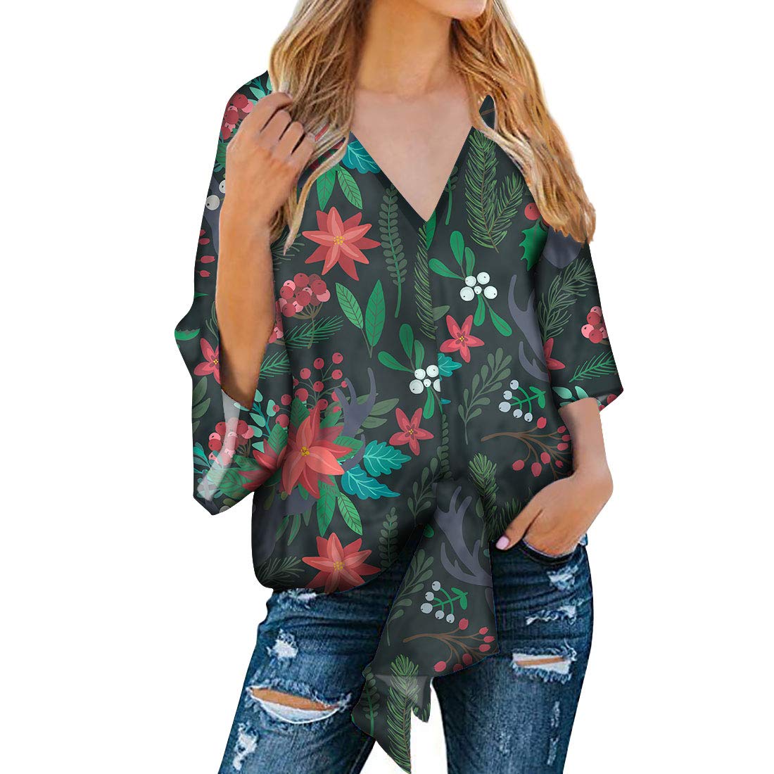 PZZ Women's Christmas V-Neck Tie Knot Front Blouse - Batwing Short Sleeve Chiffon Top for Holiday Parties & Office Wear