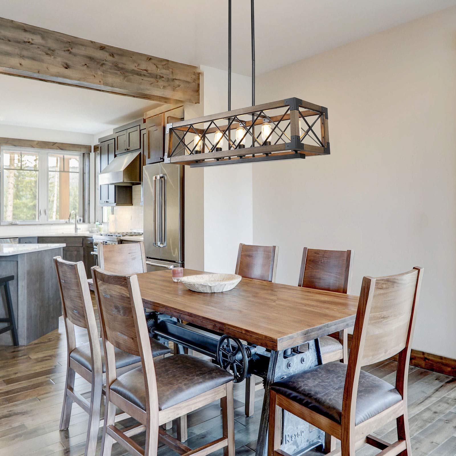 Farmhouse Chandelier - 5-Light Rectangular Rustic Wood Ceiling Light Fixture for Dining Room, Kitchen Island, Living Room - 31.5 Inch Length - Perfect for Country Style Home Decor & Modern Farmhouse Lighting