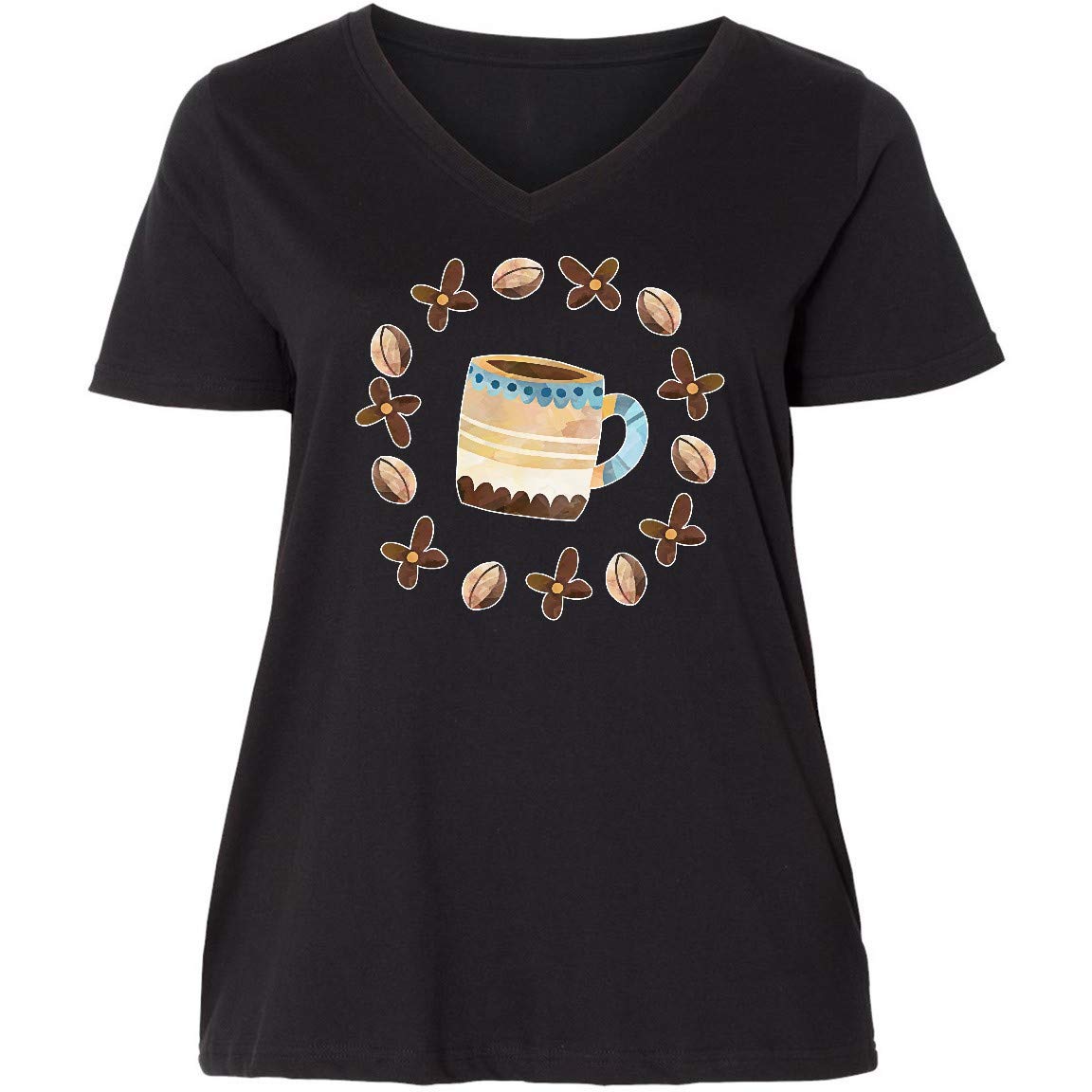 Inktastic Women's Plus Size V-Neck T-Shirt with Coffee Beans & Floral Circle Design - Perfect for Coffee Lovers, Baristas & Casual Wear