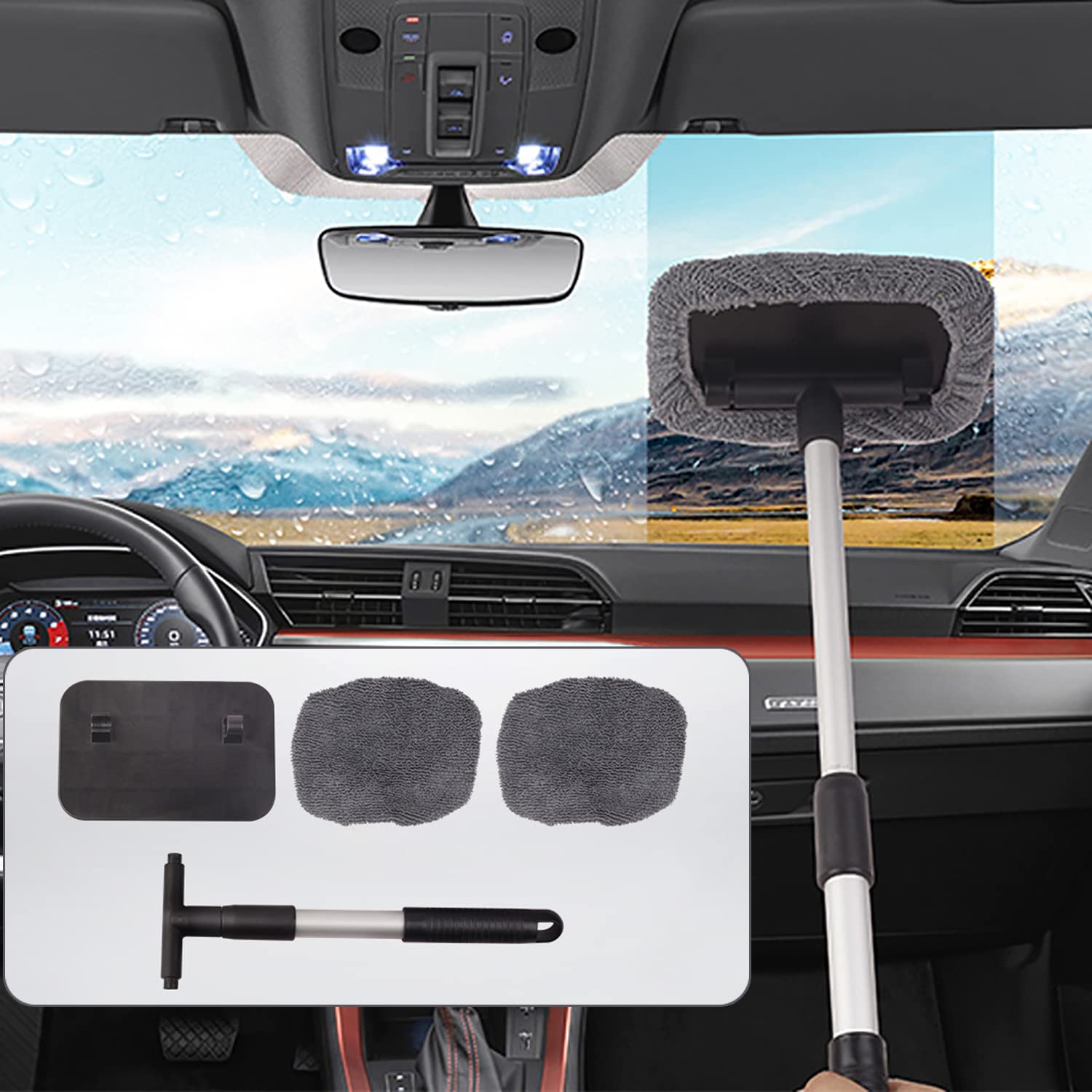 **Premium Car Glass Cleaner with Extendable Handle - Microfiber Windshield Wiper Tool for Streak-Free Cleaning - Auto Glass Cleaning Kit (Gray Square) - Perfect for Cars, Trucks & SUVs**