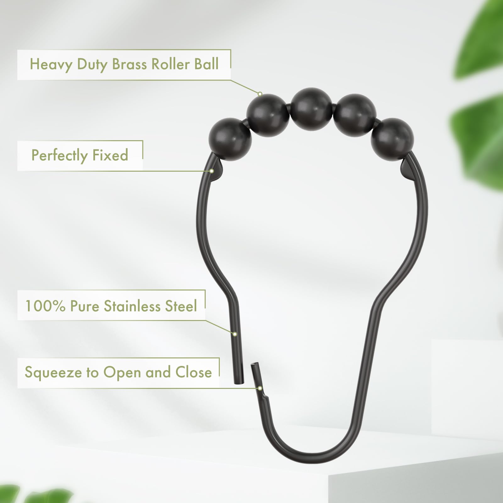 Amazer 12-Pack Rustproof Stainless Steel Shower Curtain Hooks - Decorative Black Bathroom Hooks for Shower Liners & Curtains - Durable & Stylish Bath Accessories for Home, Hotel, and Dorm Use