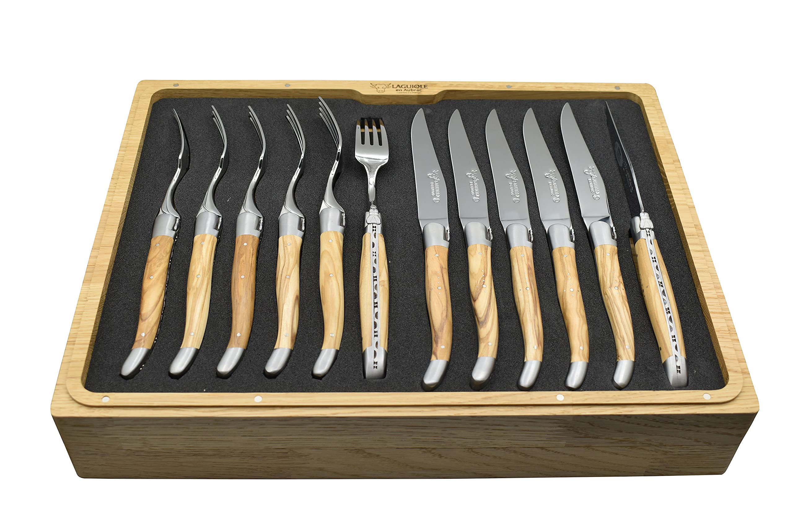 Premium Laguiole en Aubrac 24-Piece Flatware Set - 6 Steak Knives, 6 Forks, 6 Soup & 6 Tea Spoons - Olive Wood Handle & Stainless Steel Brushed Bolsters - Elegant Dinnerware for Fine Dining & Entertaining