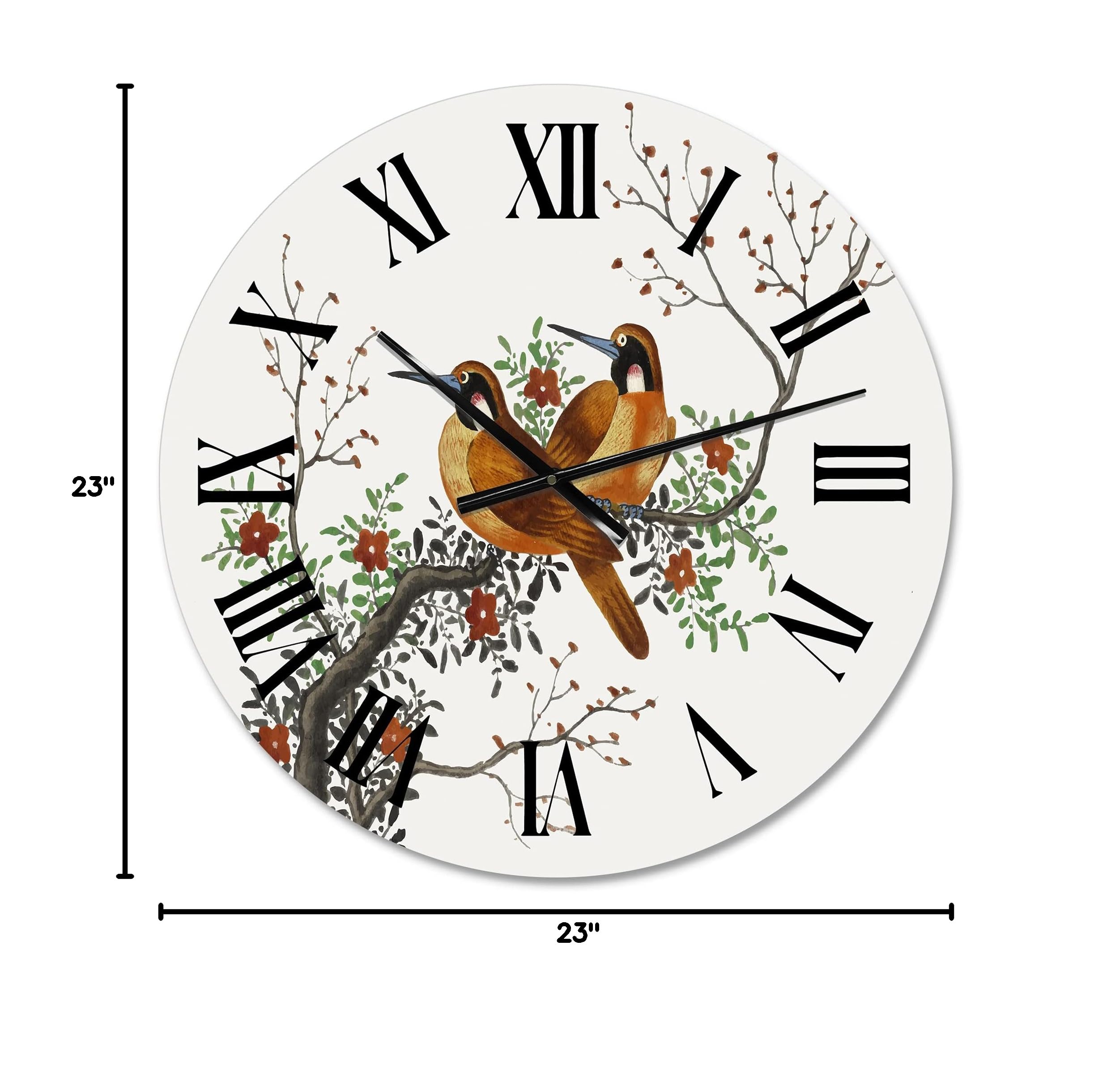 DesignQ Traditional Large Wall Clock - Two Chinese Birds on Flowering Tree Branch - Elegant Animal-Themed Home Decor for Living Room, Bedroom & Office