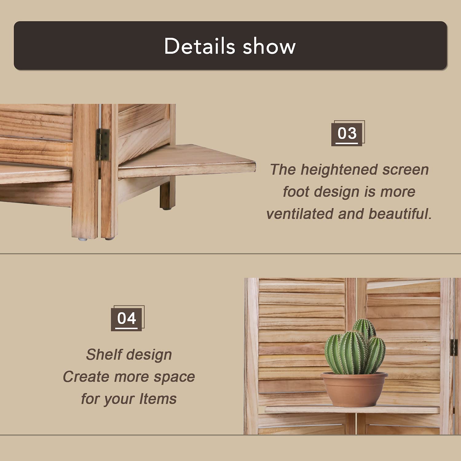 4-Panel Wooden Room Divider - Freestanding Folding Privacy Screen with Removable Storage Shelves | Portable Partition Wall for Home Office & Living Room (Natural Finish) - Perfect for Creating Private Spaces in Studios, Apartments and Workspaces