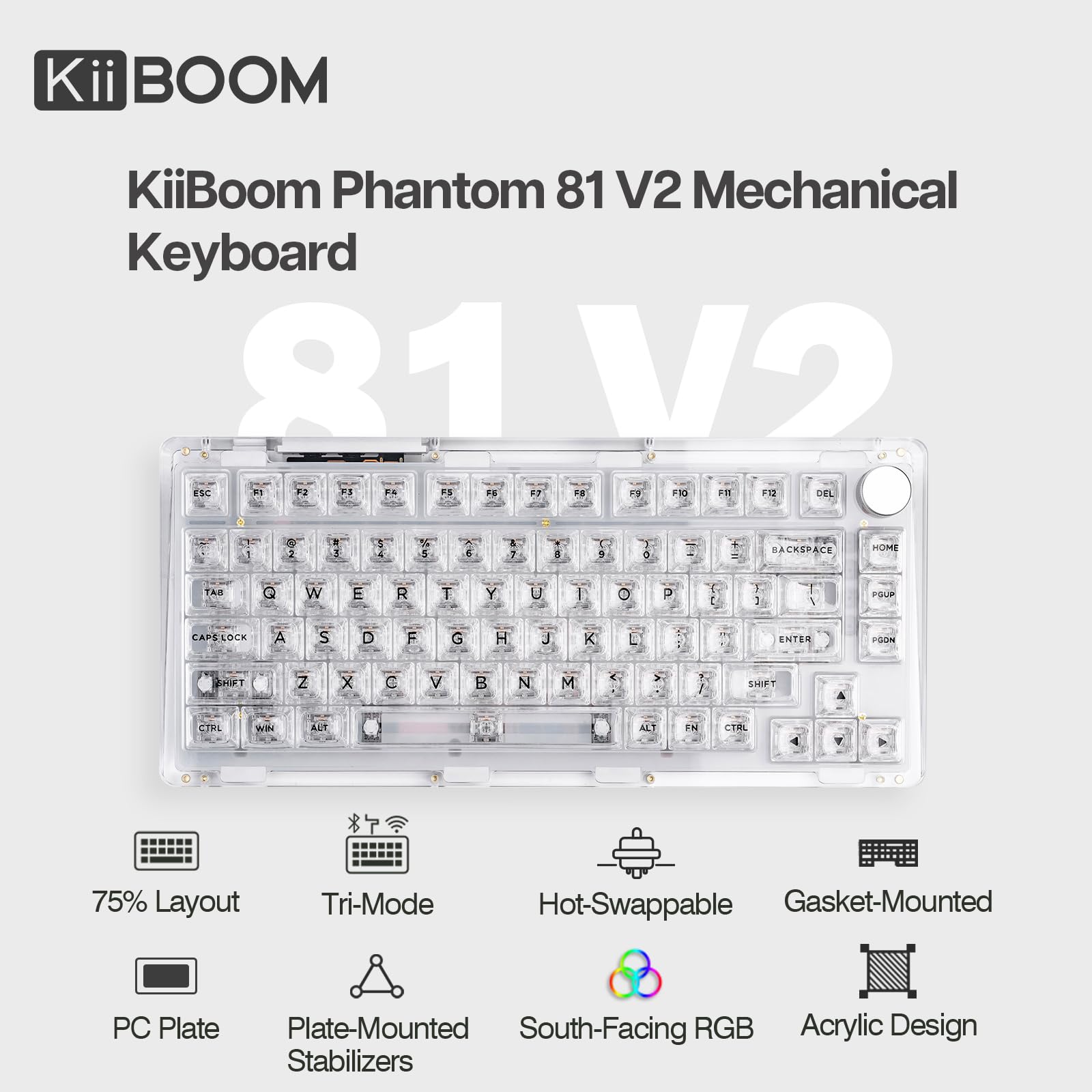 KiiBoom Phantom 81 V2 75% Hot Swappable Crystal Gasket-Mounted Mechanical Keyboard - RGB Backlit, NKRO, 4000mAh Battery for Win/Mac - Perfect for Gaming, Typing & Office Work (Clear)