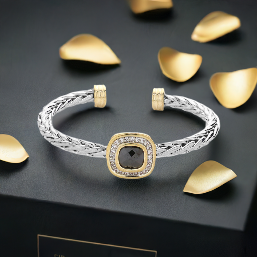 Two Tone Black Cubic Zirconia Square Cable Cuff Bracelet for Women - Elegant Fashion Jewelry Gift for Her, Perfect for Parties, Weddings & Special Occasions