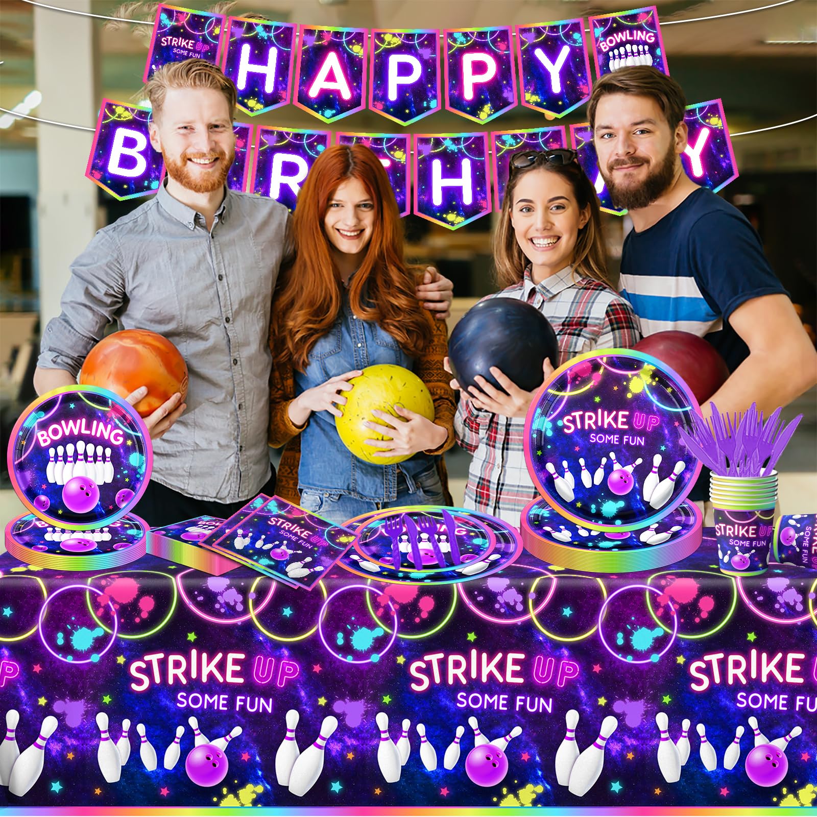 142Pcs Bowling Party Supplies Set - Disposable Plates, Tablecloth, Napkins, Cups & Utensils for Kids Birthday Decorations | Neon Rainbow Glow Theme | Perfect for Bowling Themed Parties, Baby Showers & Game Night Events