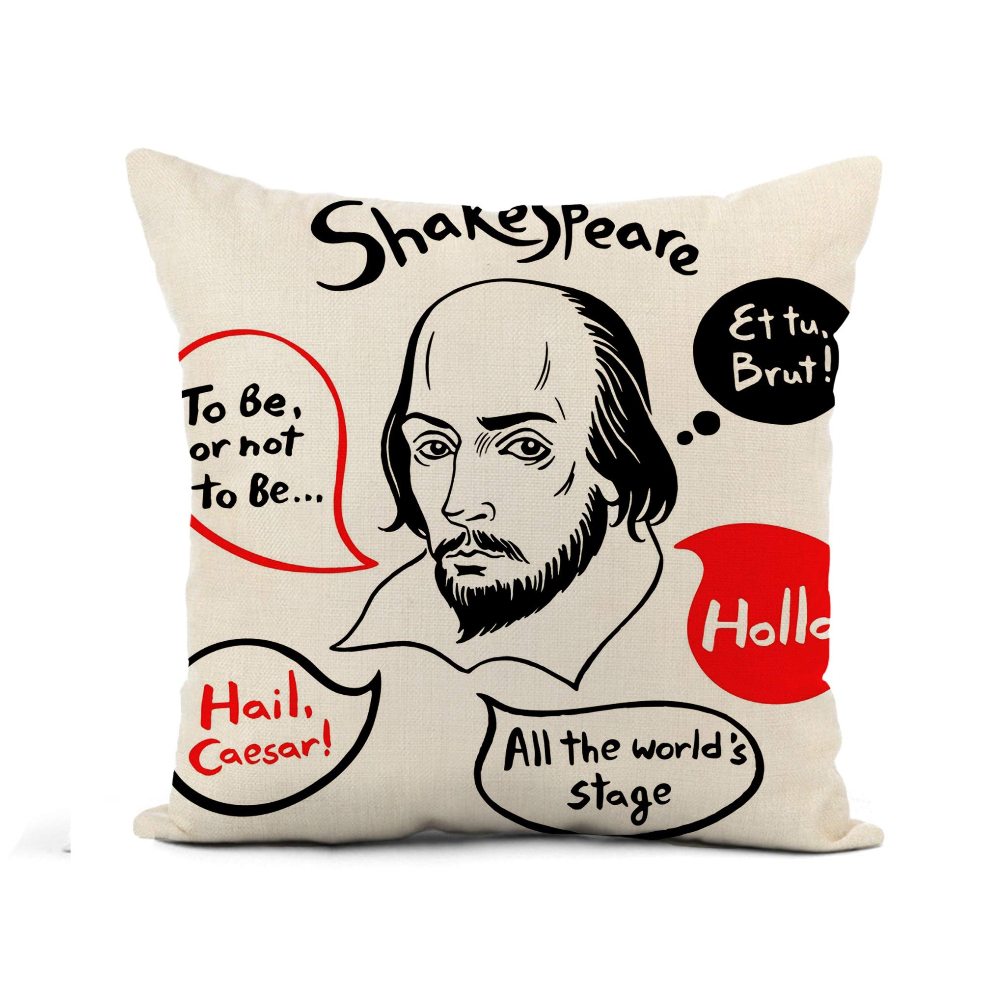 Shakespeare Portrait Throw Pillow Cover - 20x20 Inch Cotton Linen Square Cushion Case with Famous Writer Quotes & Speech Bubbles - Perfect for Literary Home Decor, Reading Nook, and Book Lover Gifts