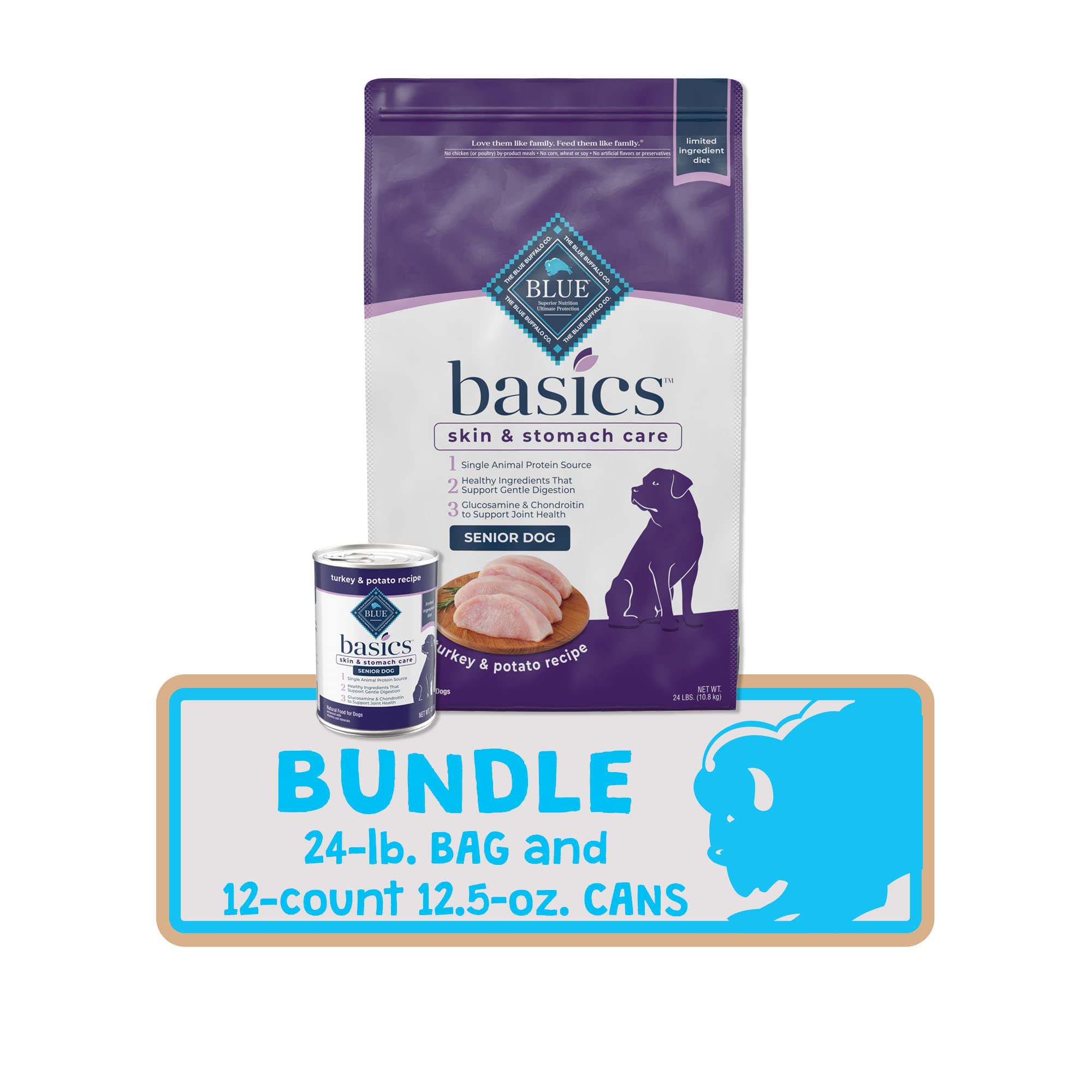 Blue Buffalo Basics Limited Ingredient Diet Natural Senior Dog Food Bundle - Grain Free Dry & Wet Dog Food for Sensitive Stomachs, Turkey Recipe (24-lb Dry Bag + 12 Pack of 12.5oz Cans) - Perfect for Senior Dogs with Allergies or Digestive Issues