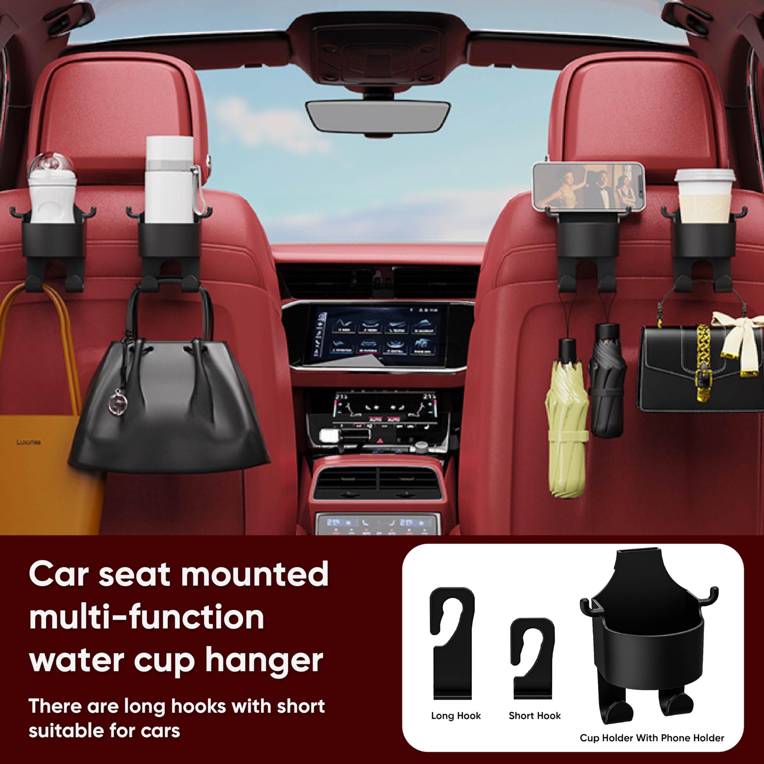 2-Pack Car Seat Back Hooks - Multifunctional Car Headrest Cup Holder & Phone Holder with Hanging Mount for Back Seat Storage (Perfect for Road Trips, Commuting & Family Travel)