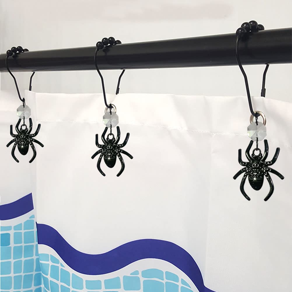 12-Pack Black Stainless Steel Spider Shower Curtain Hooks with Crystal Beads - Rustproof Bathroom Accessories for Halloween Decor, Gothic Theme & Spooky Bathroom Design
