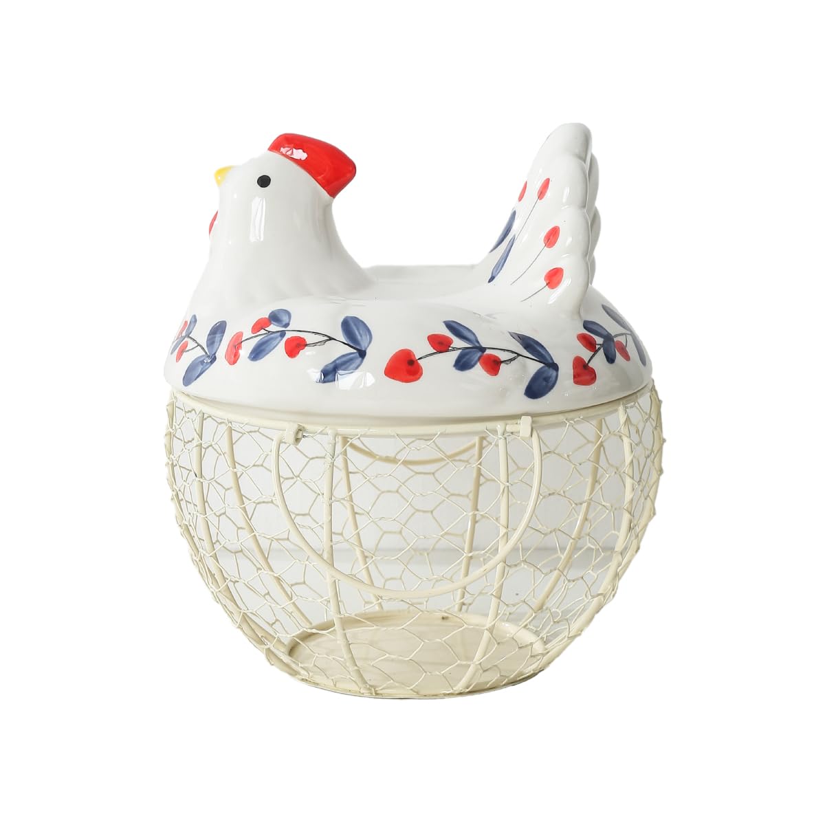 Ceramic Chicken Egg Holder with Wire Basket - Decorative Countertop Egg Storage for 2 Dozen Eggs - Perfect for Farmhouse Kitchens, Breakfast Buffets & Fresh Egg Display