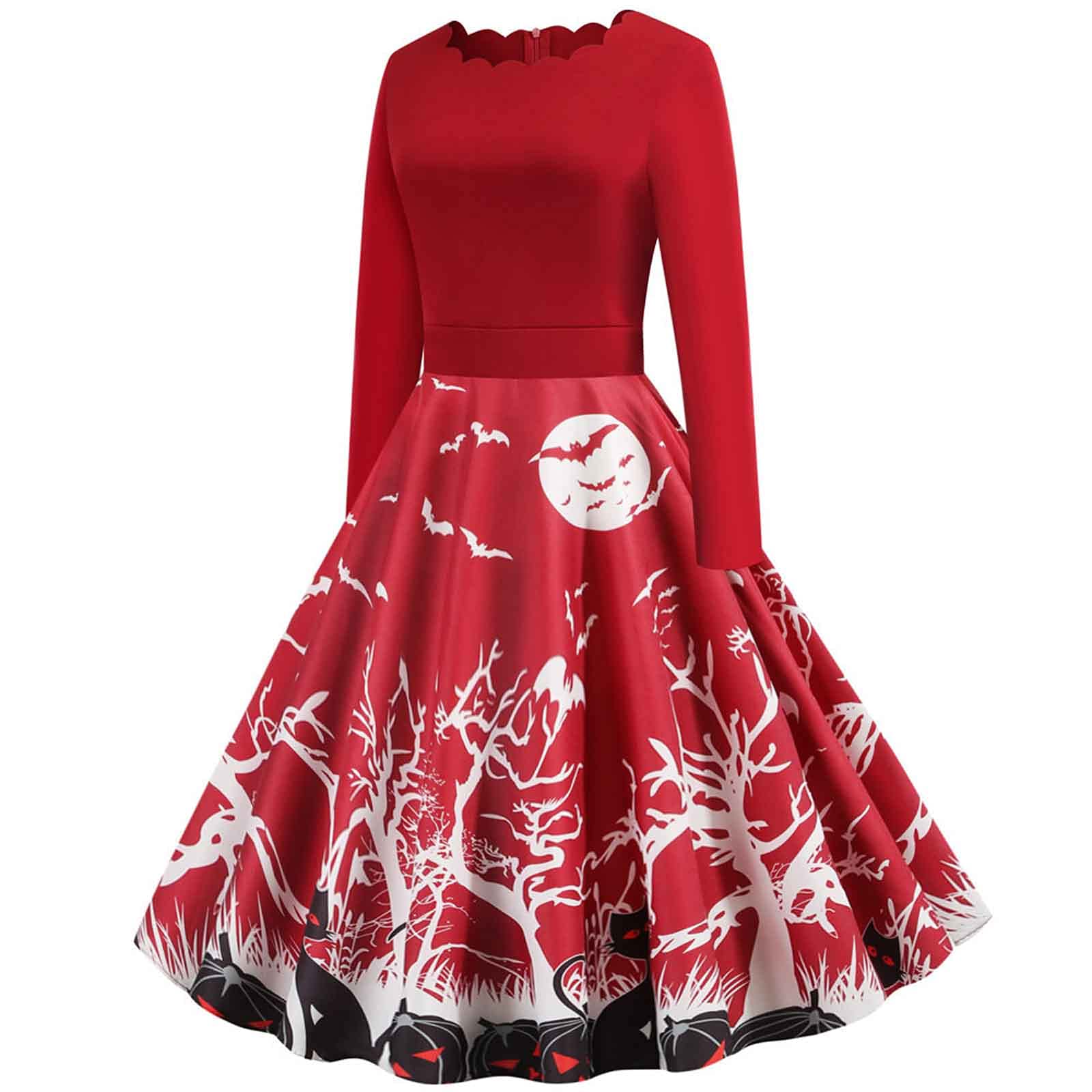 Vintage Women's Party Dress Halloween Cocktail A-Line Midi Dress Long Sleeve Crew Neck Formal Gown for Wedding Guest, Evening Party, Holiday Celebration & Special Occasions