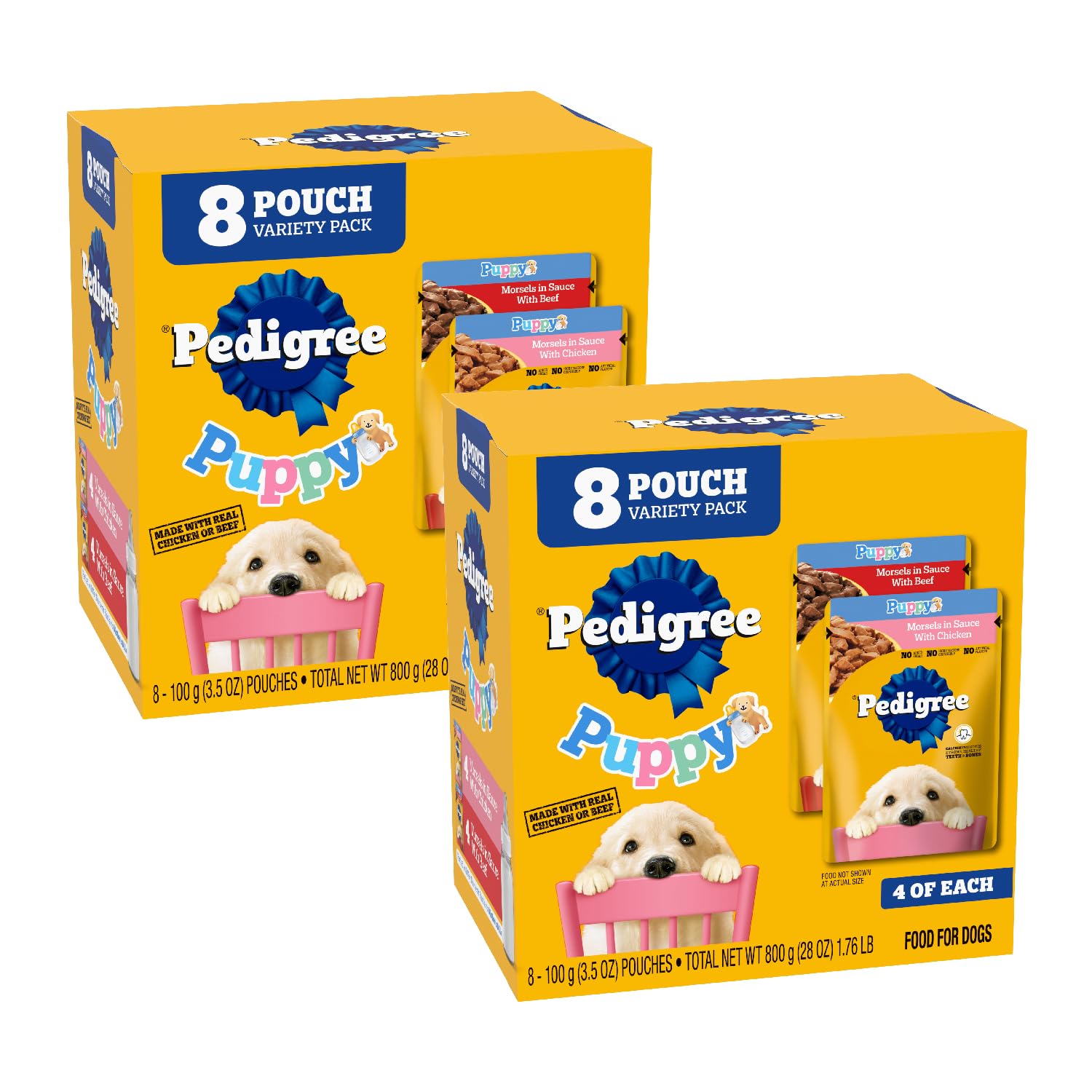 Pedigree Puppy Soft Wet Dog Food Variety Pack - 8 Pouches (3.5 oz Each) - 2-Pack for Small & Medium Breed Puppies - Perfect for Training, Travel & Mealtime Rewards