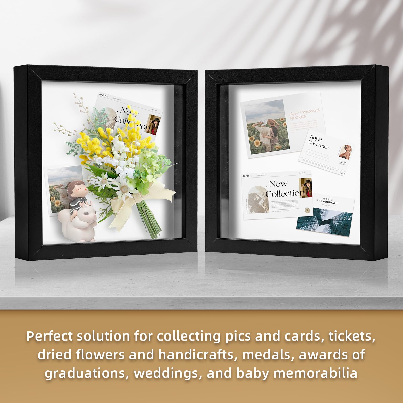 Muzilife 8x8 Inch Rustic Shadow Box Picture Frame - Wood & Glass Display Case for Wall or Tabletop - Perfect for Memorabilia, Pins, Awards, Medals, Wedding Keepsakes, Tickets & Photos (Black) - Ideal for Home Decor, Office Display & Gift Giving