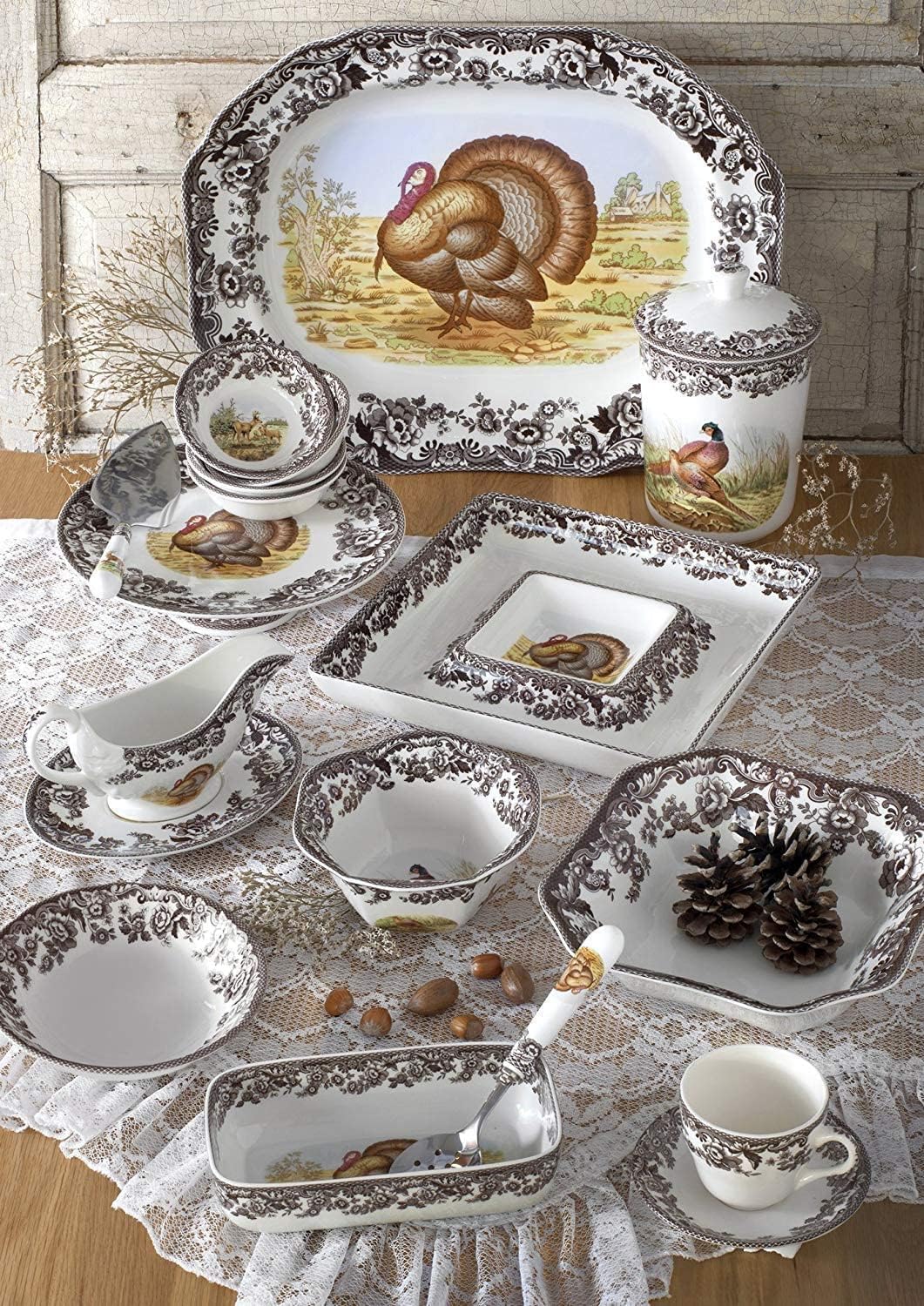 Spode Woodland 11 Oz Porcelain Sauce Boat with Stand - Turkey Motif Design | Microwave, Oven, Freezer & Dishwasher Safe | Perfect for Serving Gravy, Sauces & Dressings | Ideal for Thanksgiving Dinner, Holiday Entertaining & Special Occasions