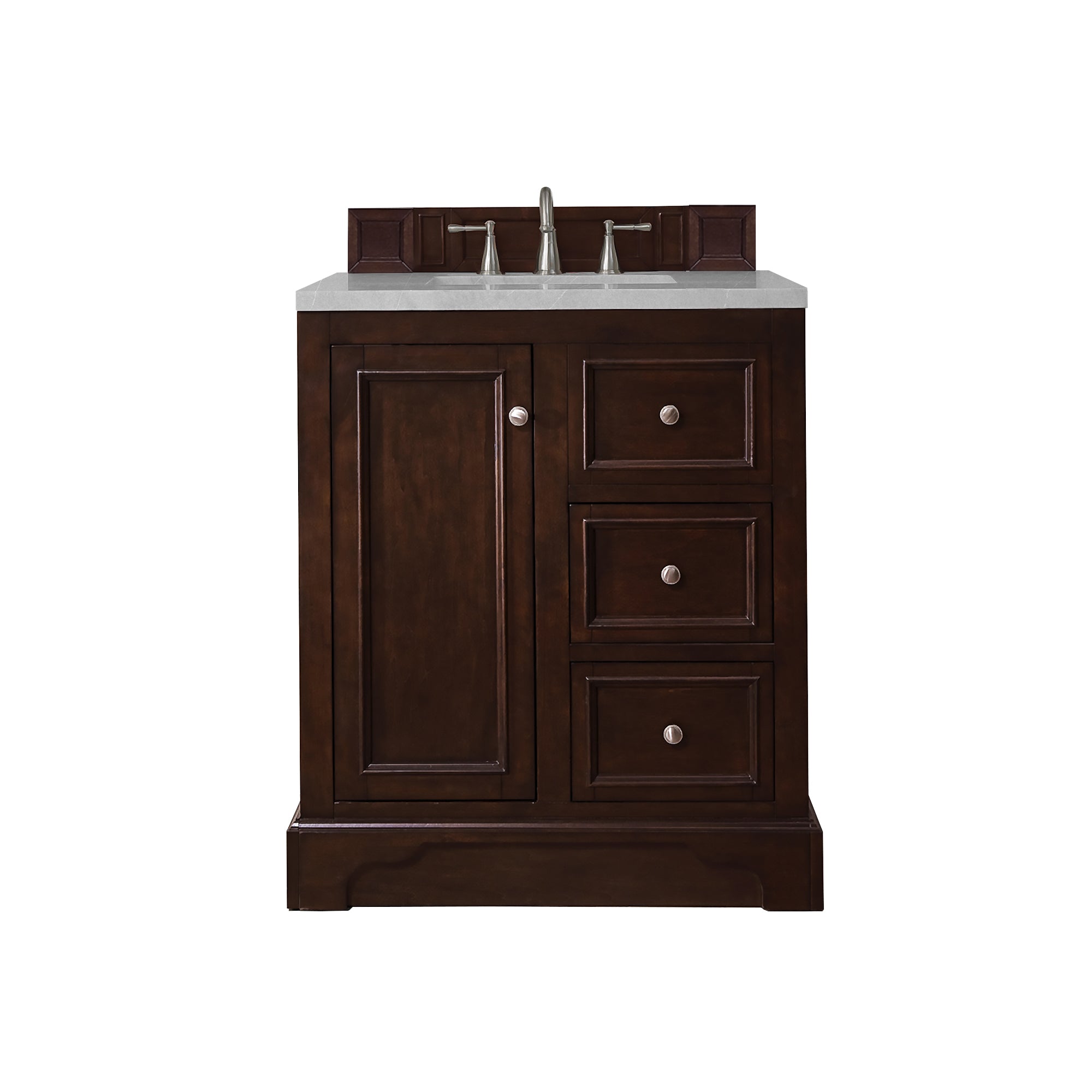 De Soto 30 Inch Single Bathroom Vanity with Burnished Mahogany Finish & 3CM Eternal Serena Quartz Countertop - Perfect for Modern Bathroom Renovations and Small Space Solutions