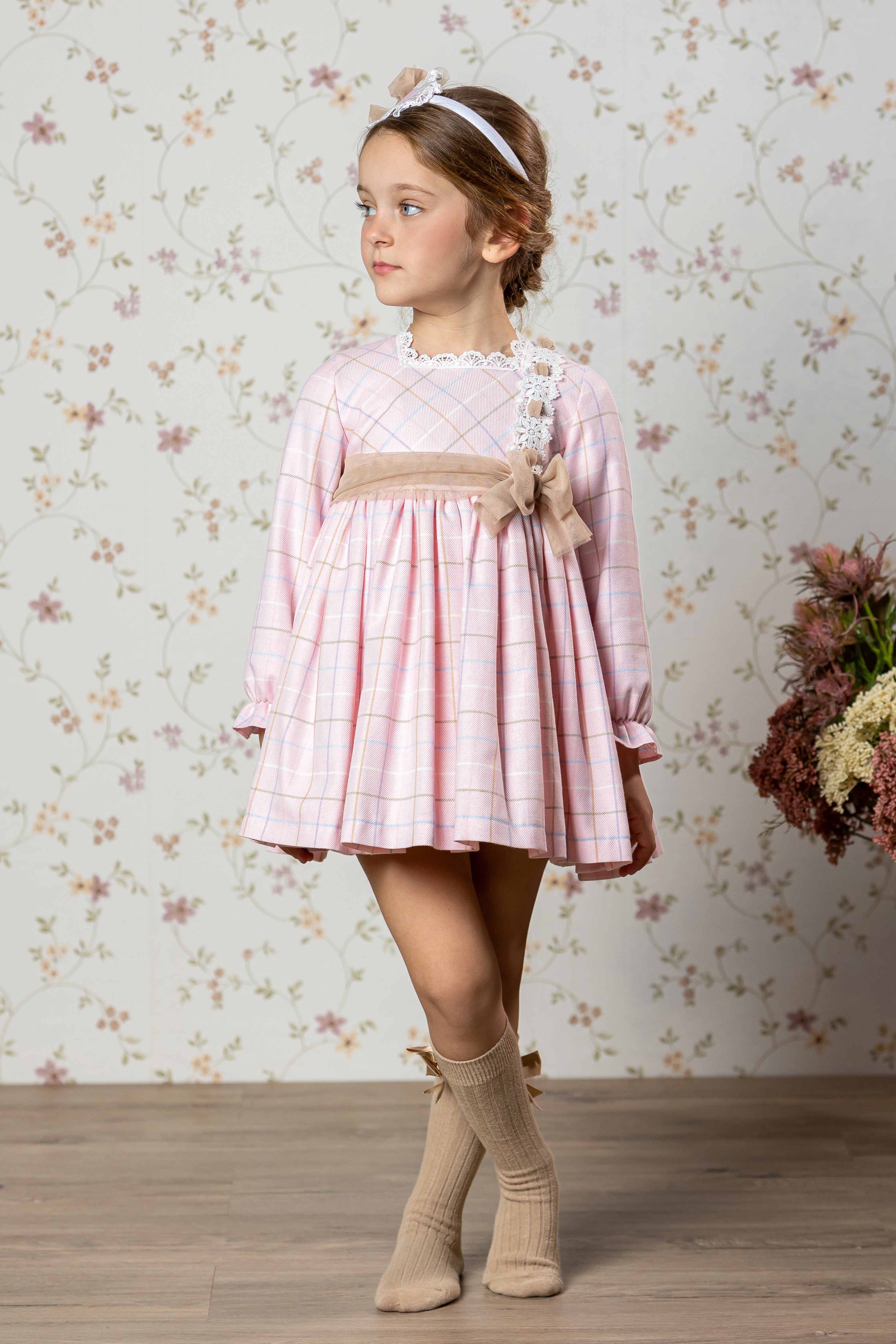 Imogen Pink & Beige Tulle Check Dress for Girls | Elegant Party Gown for Weddings, Birthday Celebrations & Special Occasions